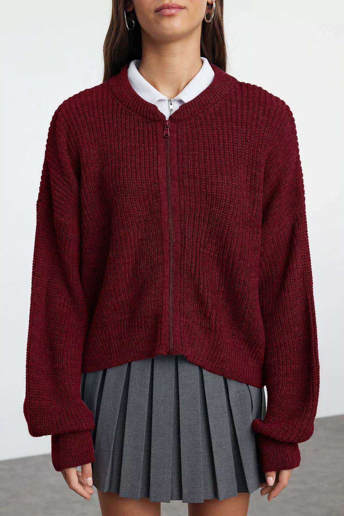 Red Pattern Collared Zippered Cardigan, Burgundy, medium