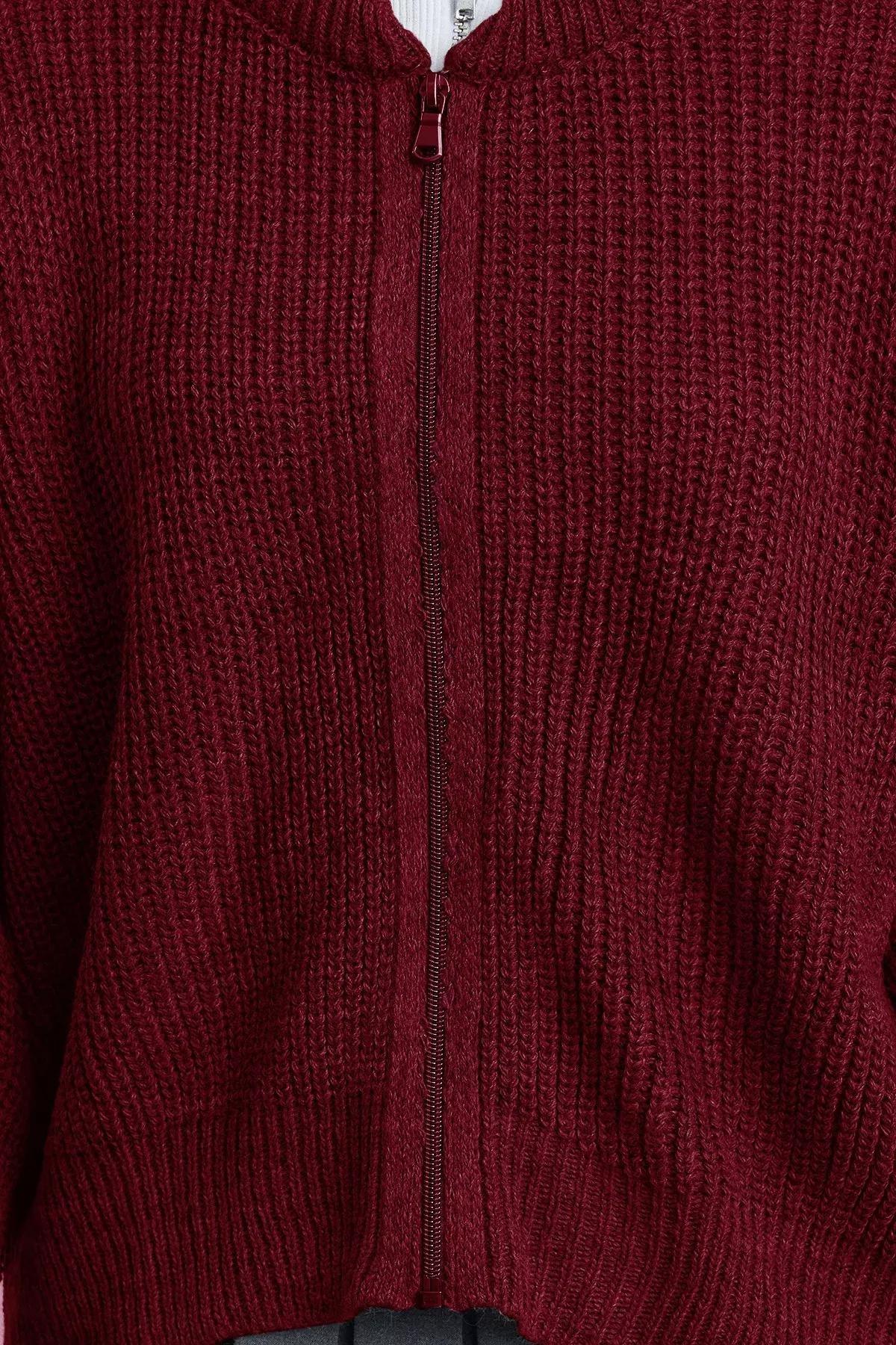 Red Pattern Collared Zippered Cardigan, Burgundy, large image number 3