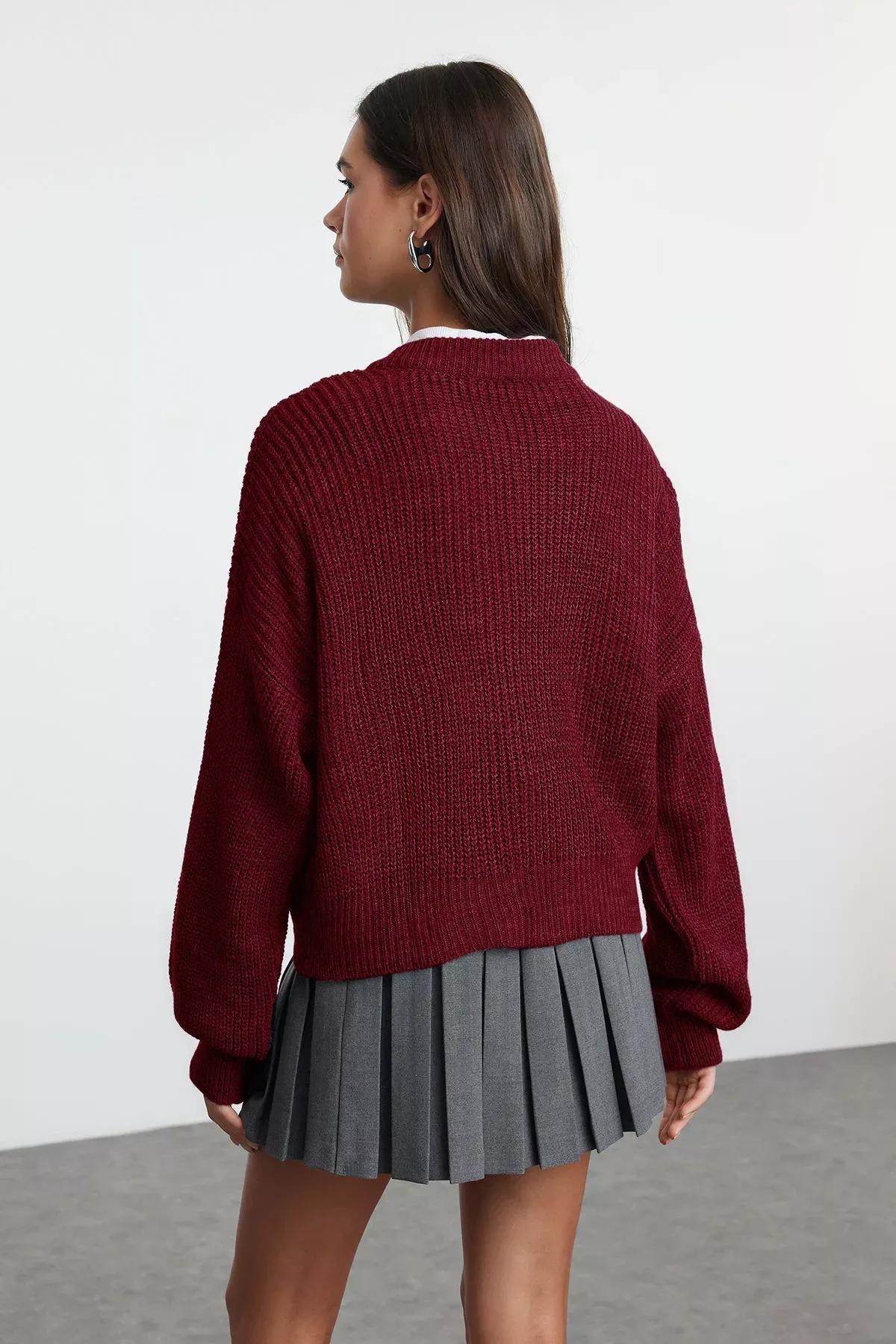 Red Pattern Collared Zippered Cardigan, Burgundy, large image number 4