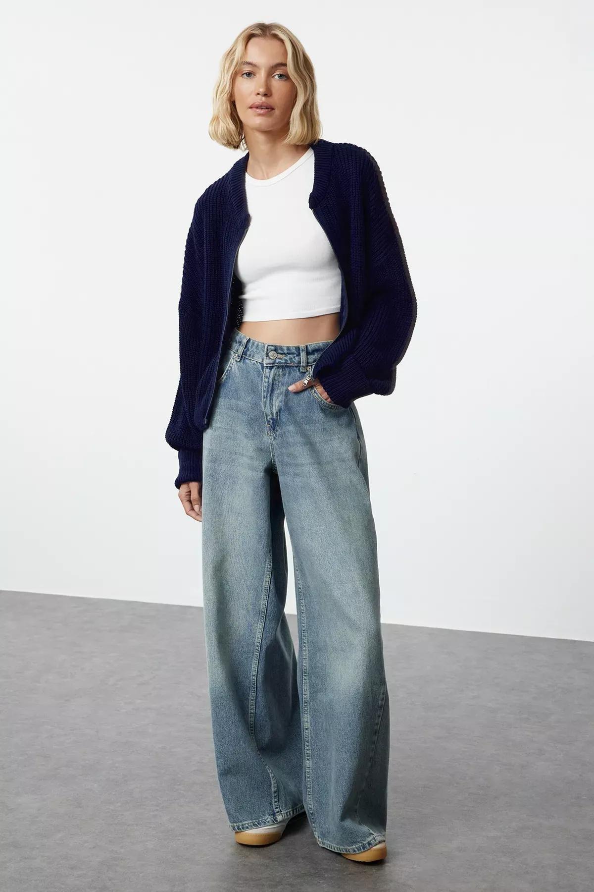 Navy Patterned Collared Zippered Knitted Cardigan, Navy blue, medium