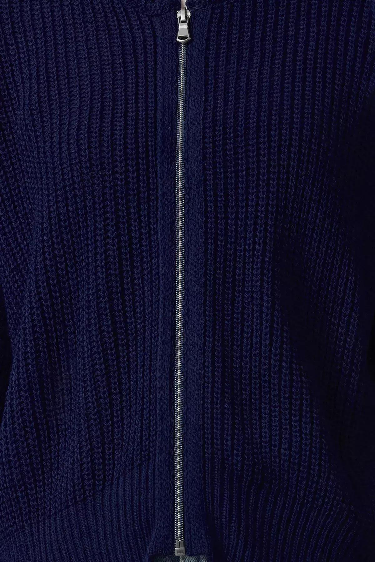 Navy Patterned Collared Zippered Knitted Cardigan, Navy blue, medium