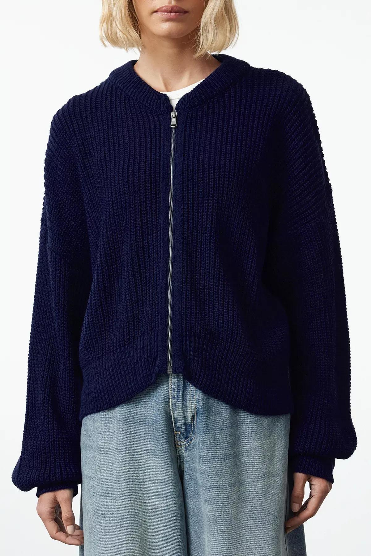 Navy Patterned Collared Zippered Knitted Cardigan, , large image number 3
