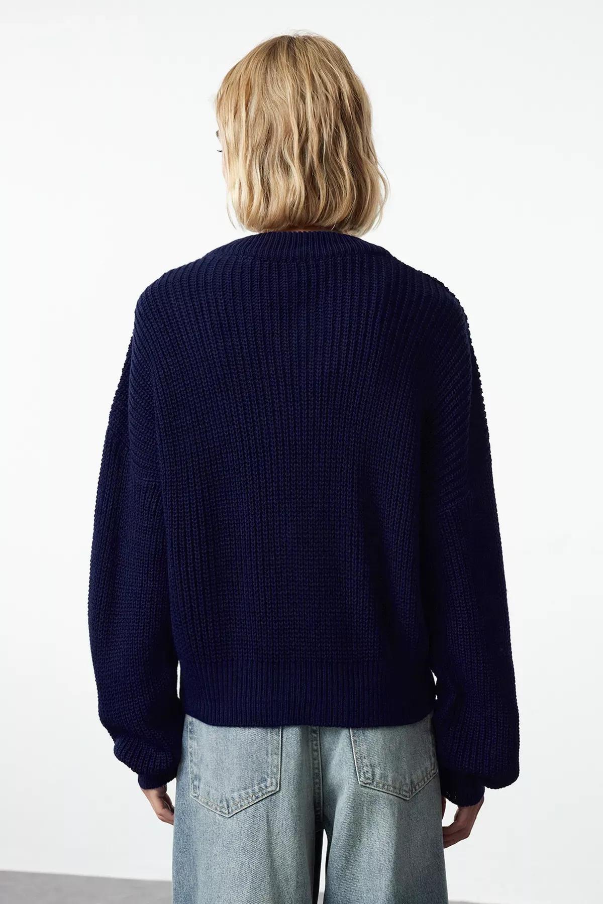 Navy Patterned Collared Zippered Knitted Cardigan, , large image number 4