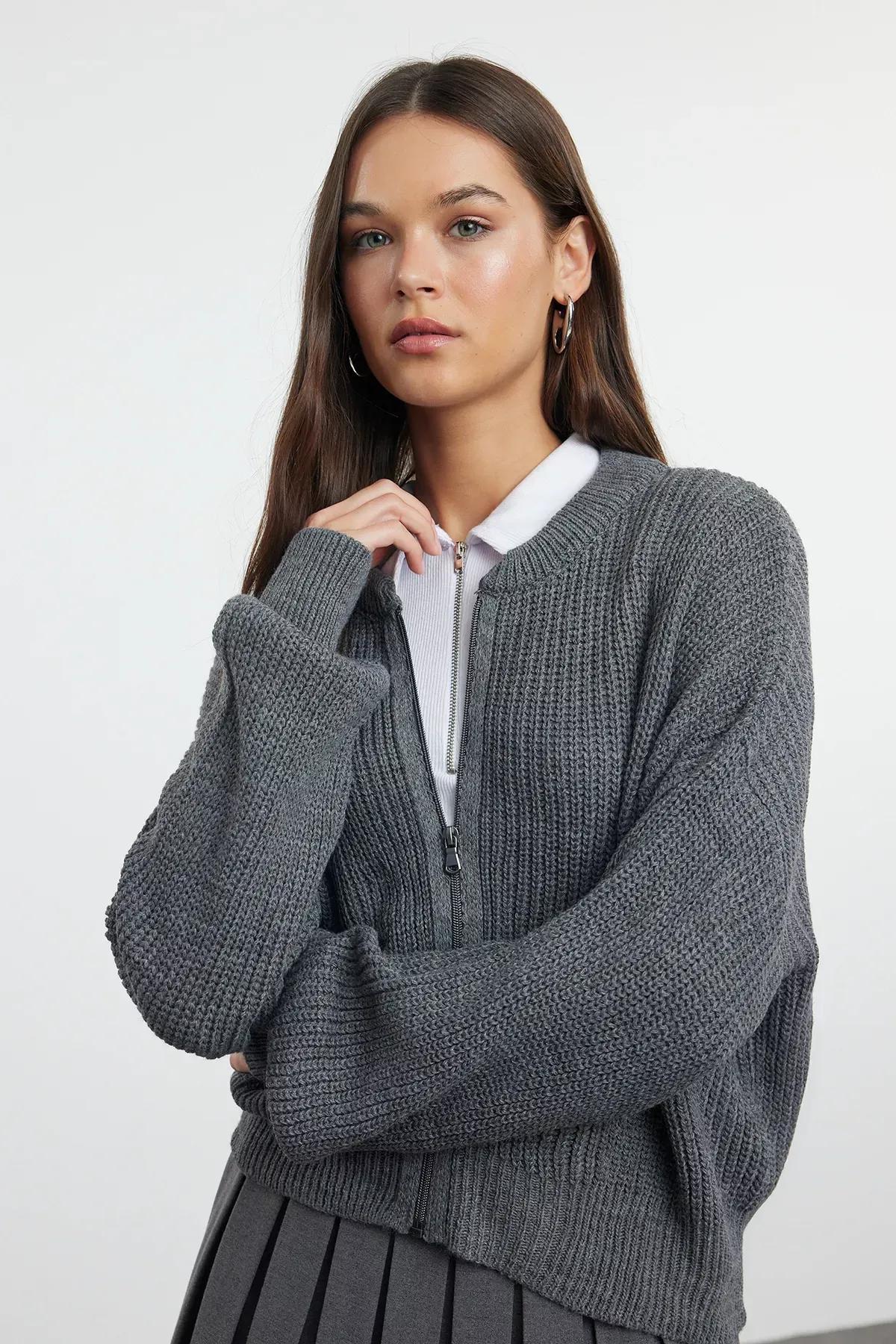 Grey Patterned Bomber Knit Cardigan, , large image number 0