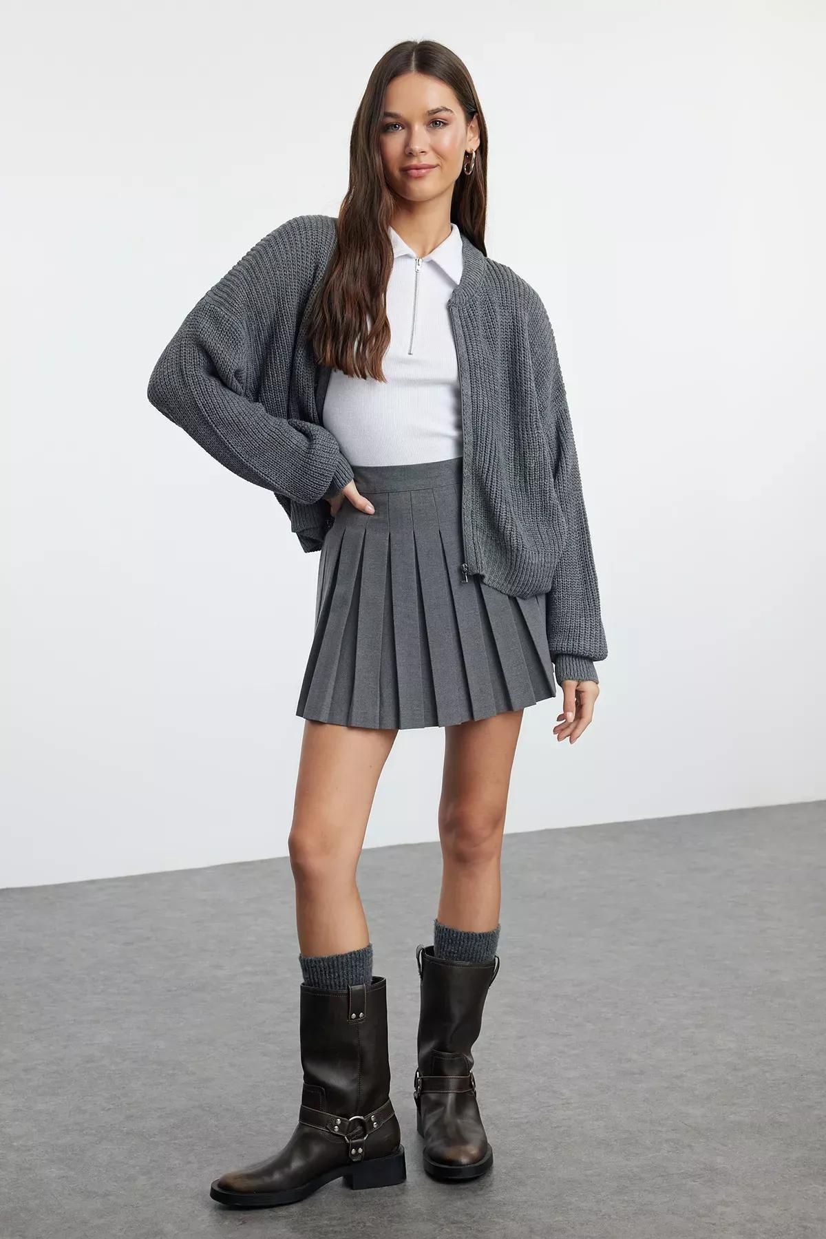 Grey Patterned Bomber Knit Cardigan, , large image number 1