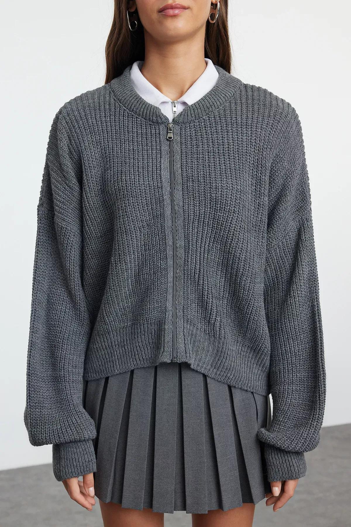 Grey Patterned Bomber Knit Cardigan, , large image number 2