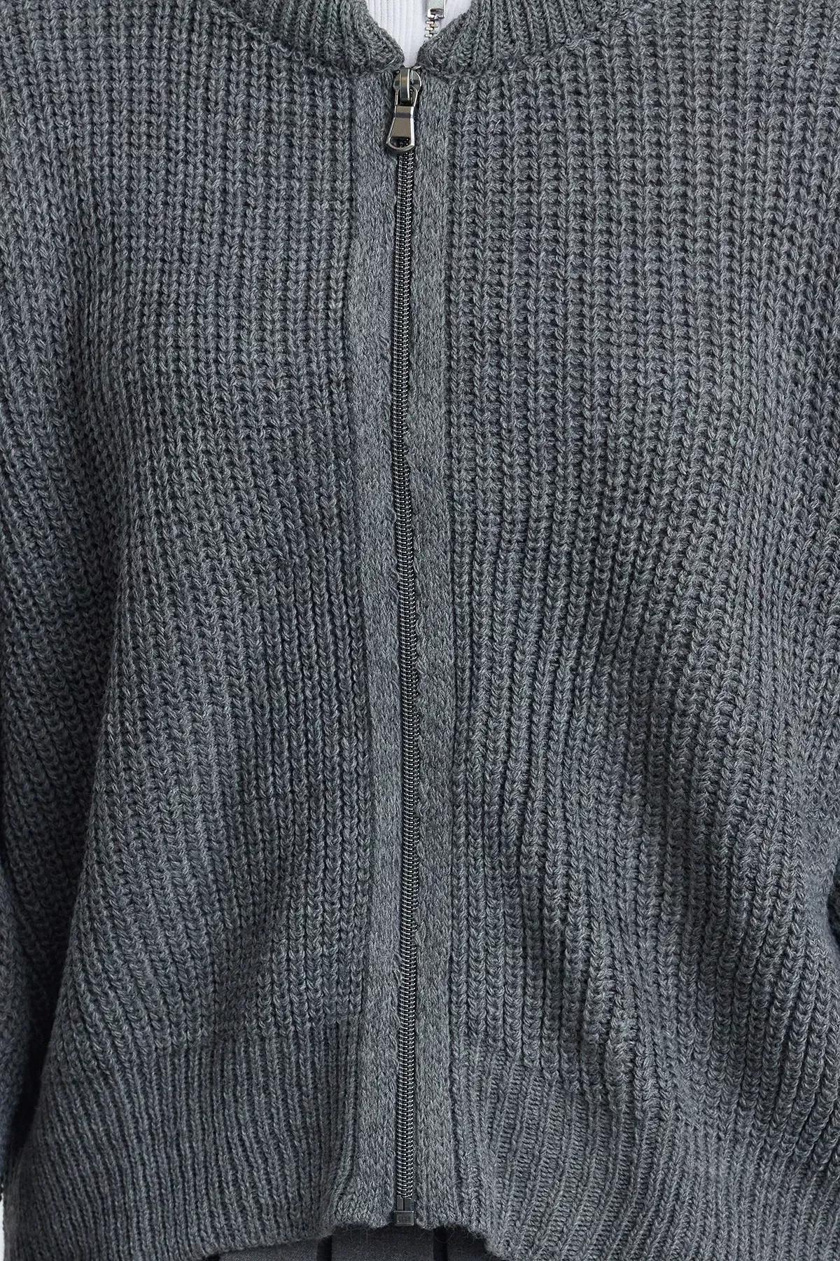Grey Patterned Bomber Knit Cardigan, , large image number 3