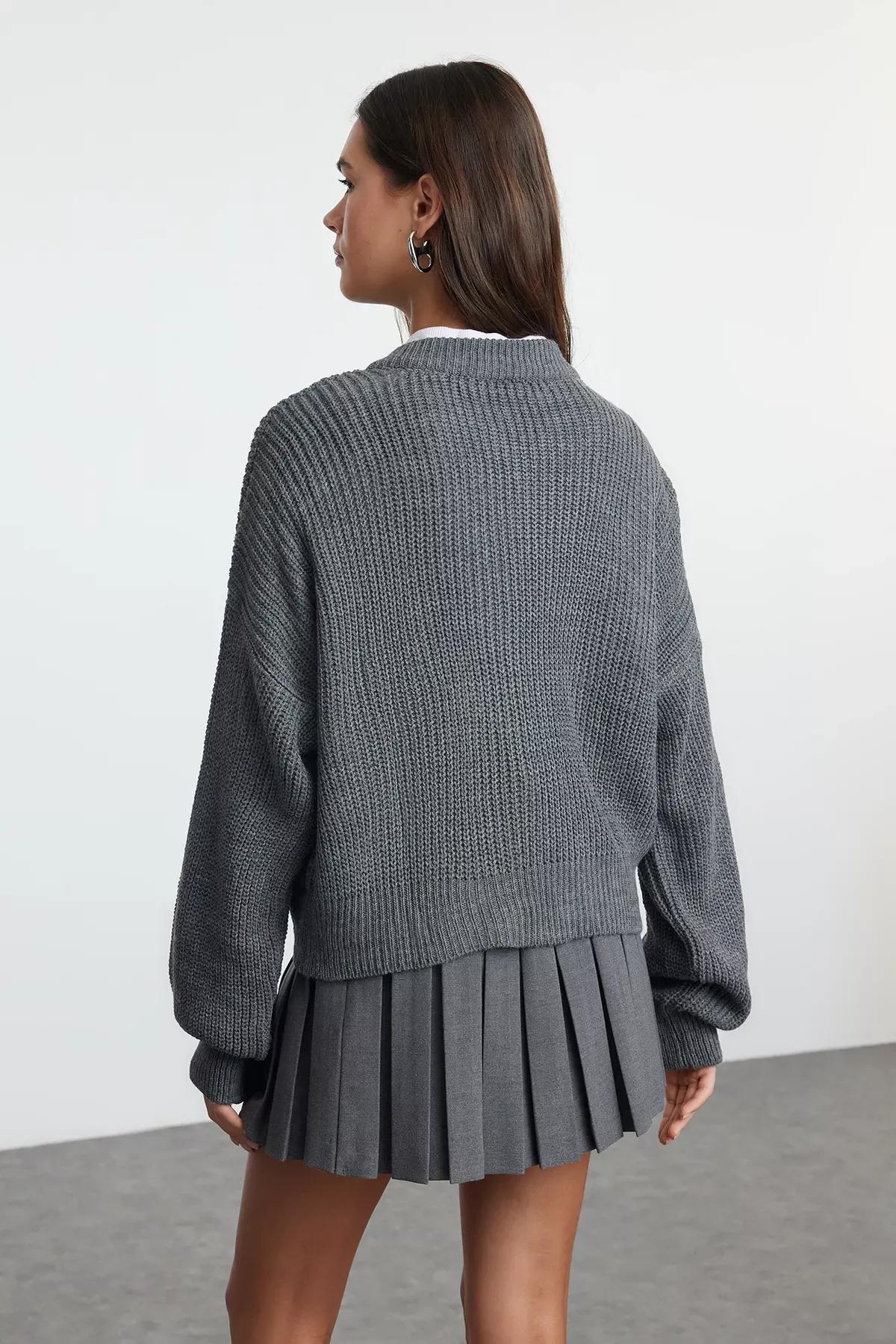 Grey Patterned Bomber Knit Cardigan, , large image number 4