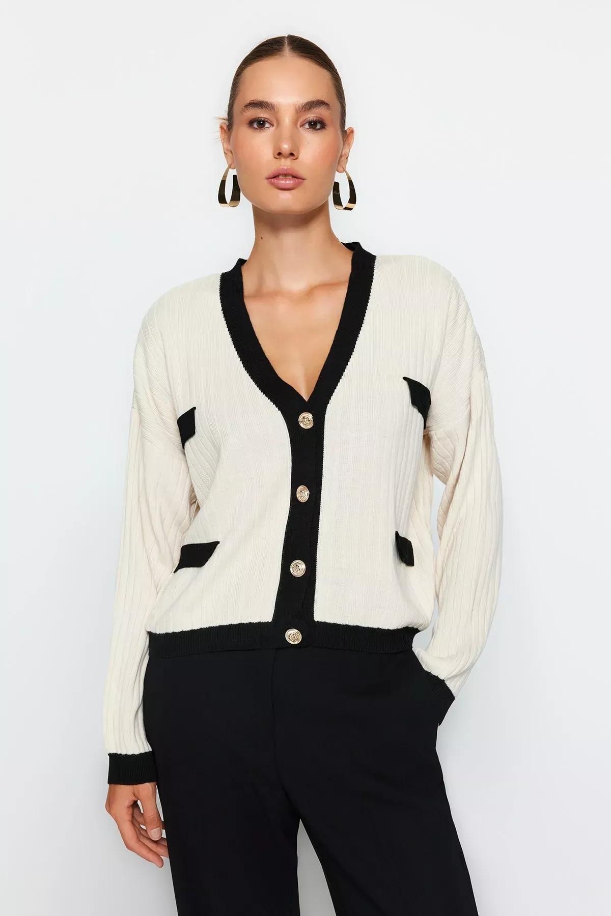 White Buttoned Knitted Cardigan, STONE, large image number 0