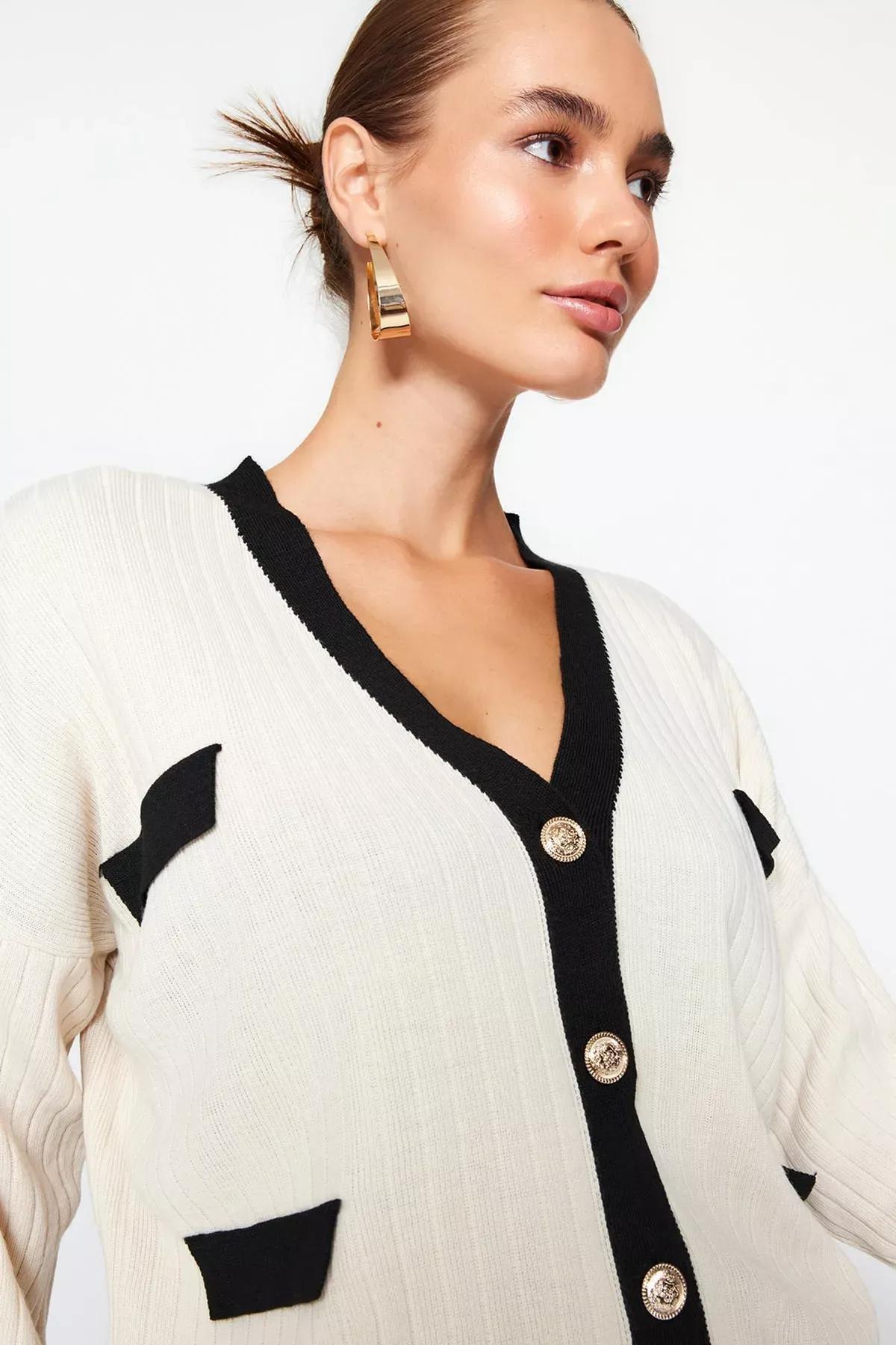 White Buttoned Knitted Cardigan, STONE, large image number 1