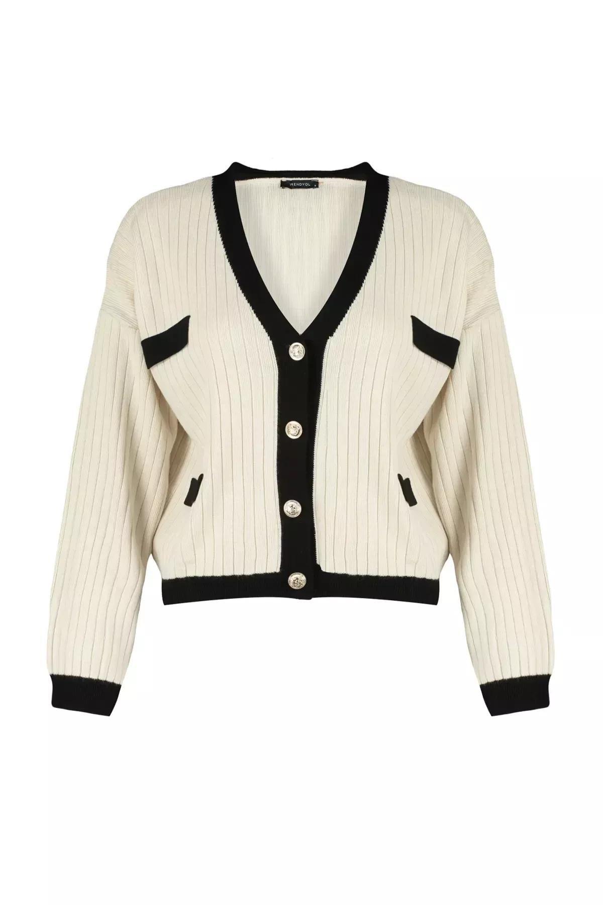 White Buttoned Knitted Cardigan, STONE, large image number 5