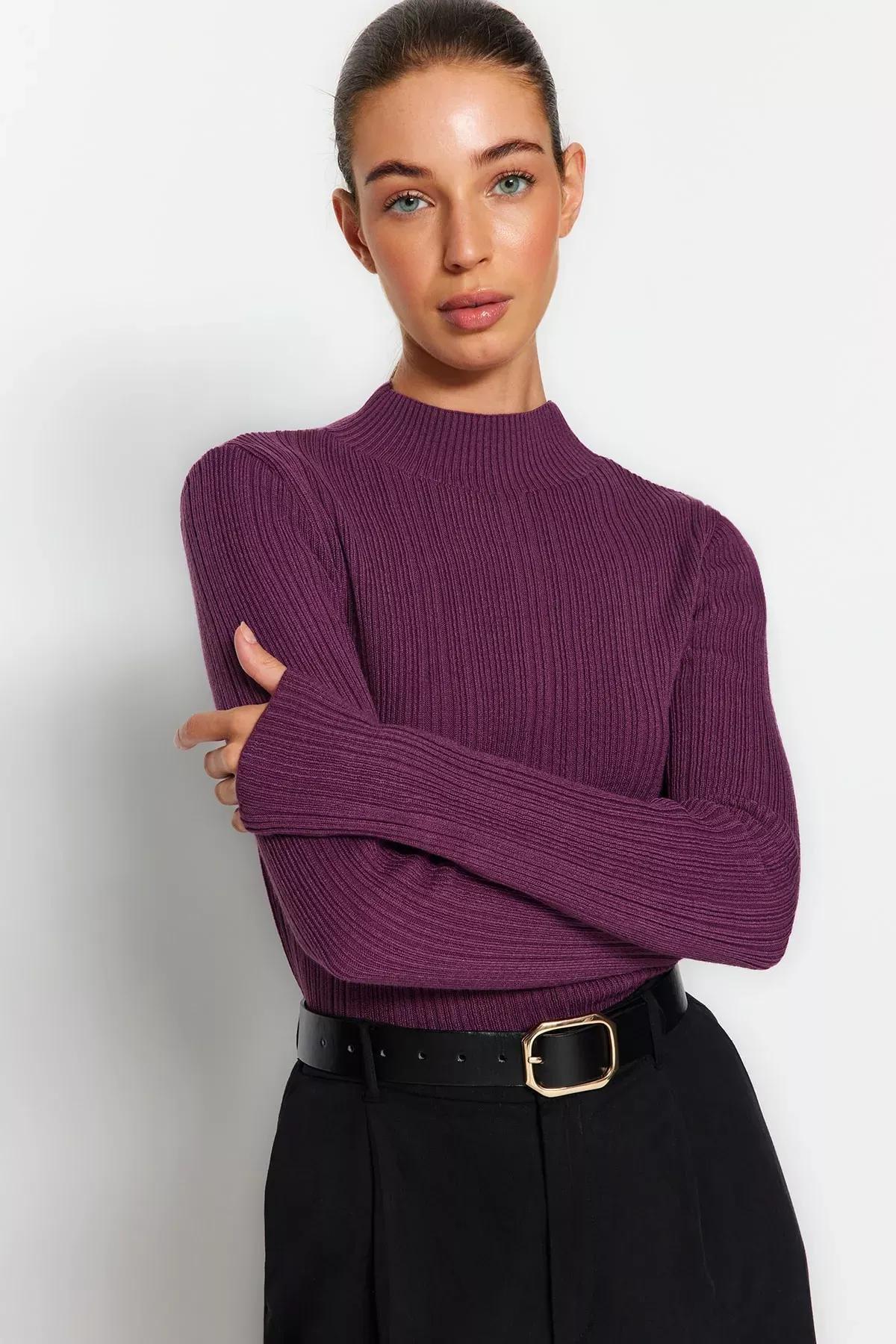 Purple Slim Standing Collar Sweater, Purple, medium