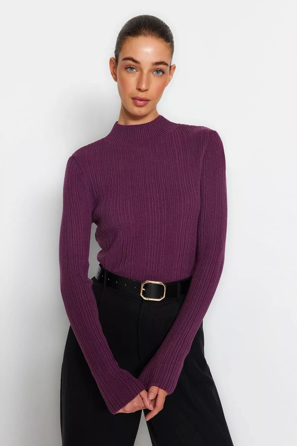 Purple Slim Standing Collar Sweater, Purple, large image number 1