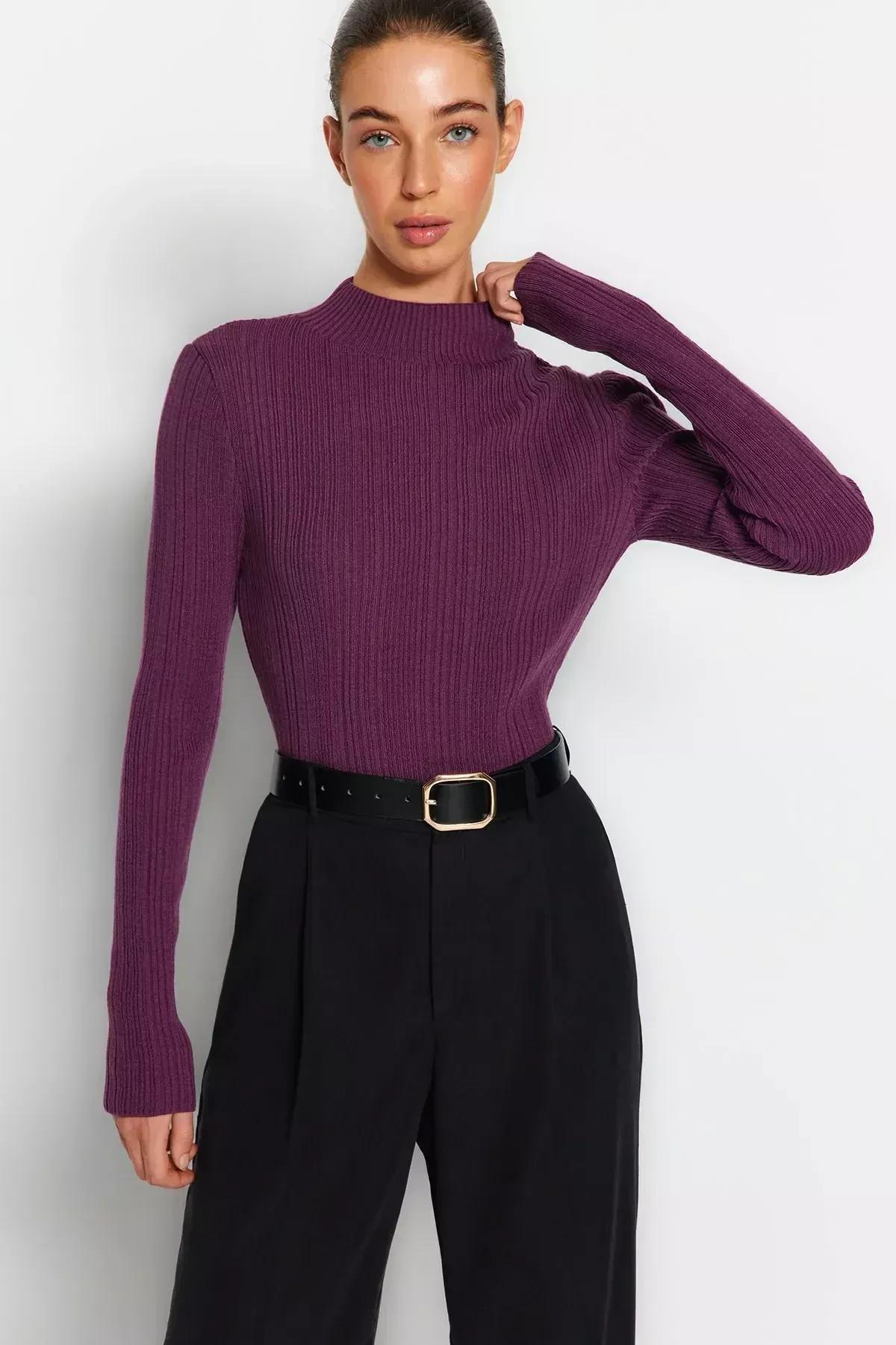 Purple Slim Standing Collar Sweater, Purple, large image number 2