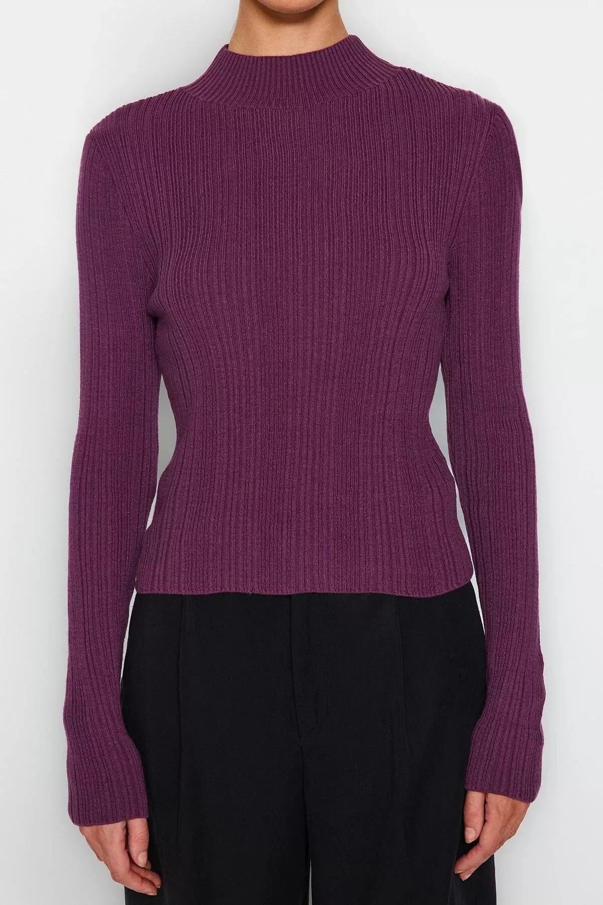 Purple Slim Standing Collar Sweater, Purple, large image number 3
