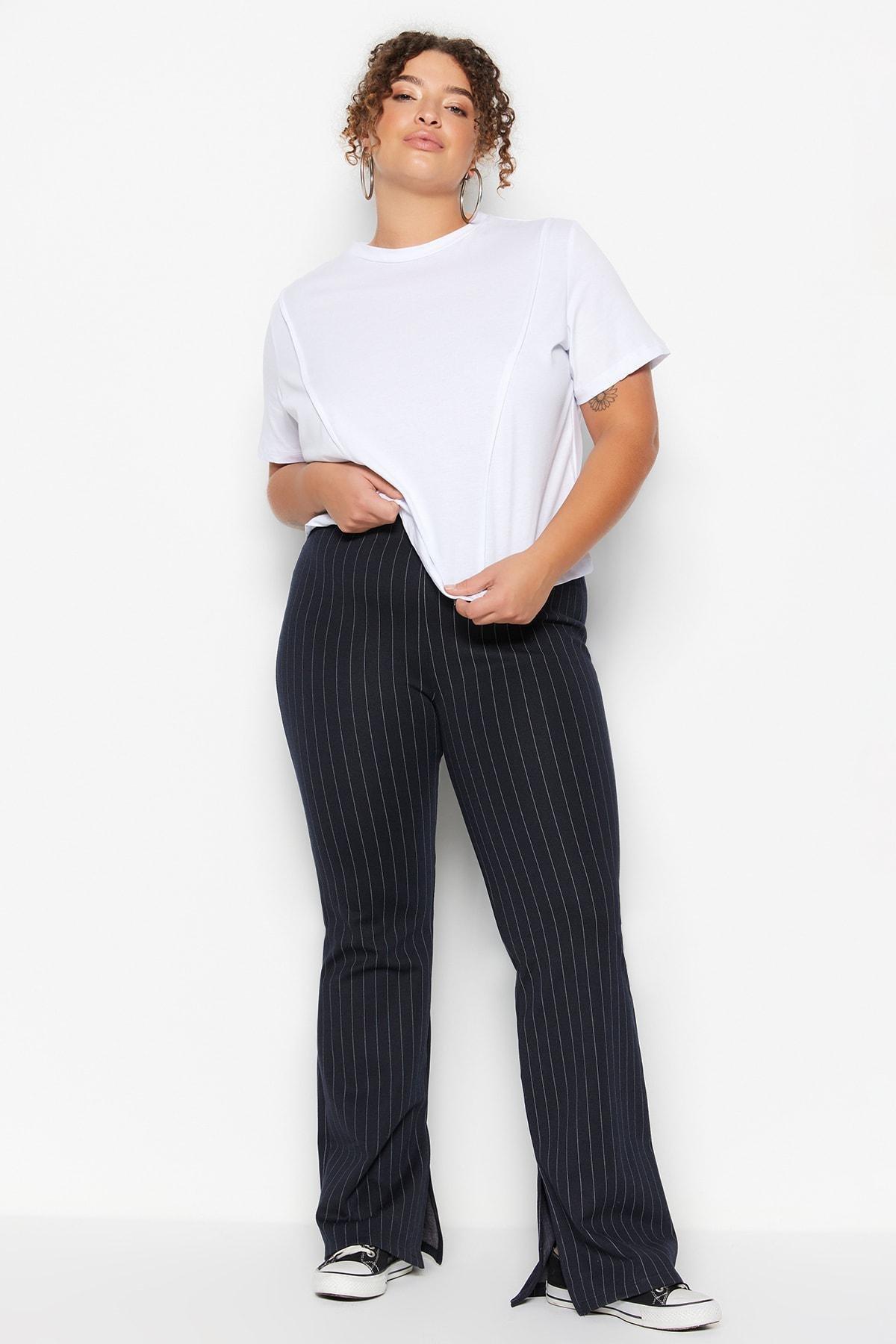 Navy Flare Plus Size Pants, , large image number 0