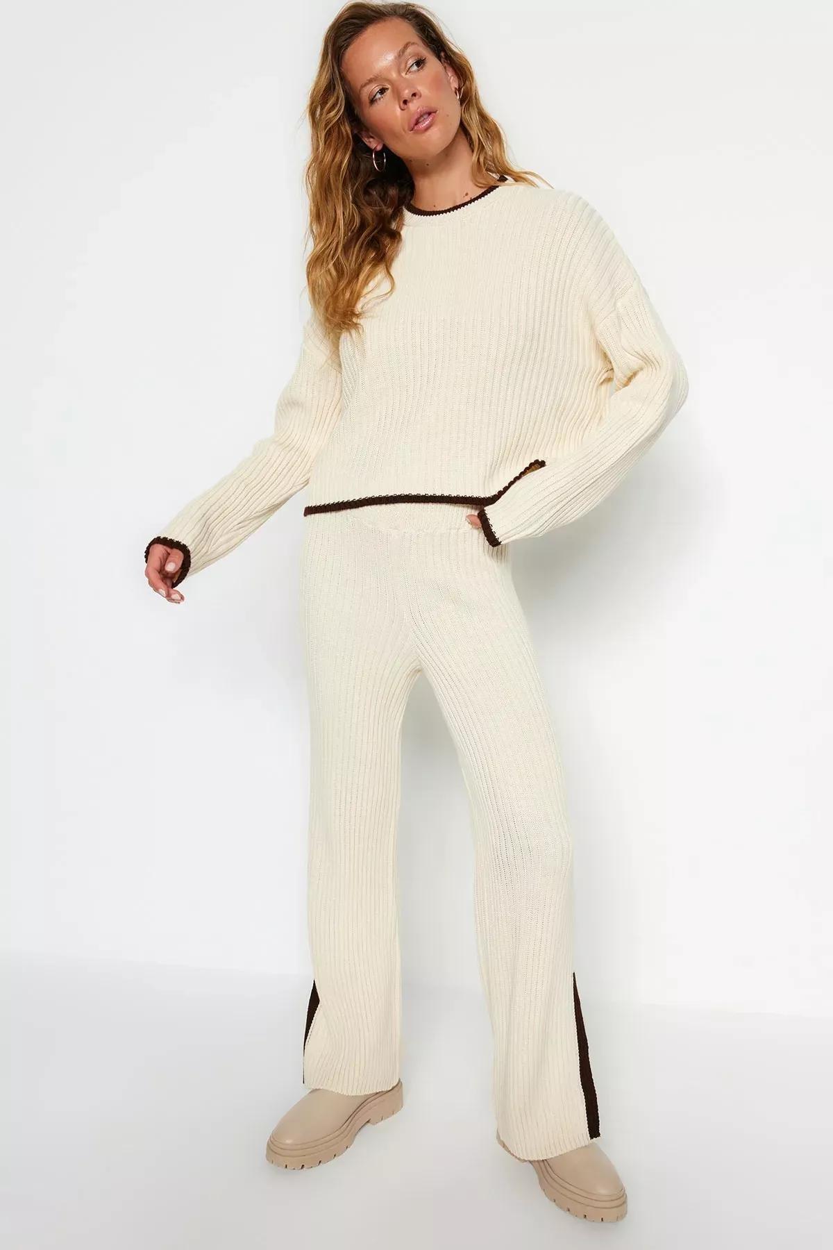 Cream Roving Colour Block Knitwear Co-Ord Set, Rock, large image number 1
