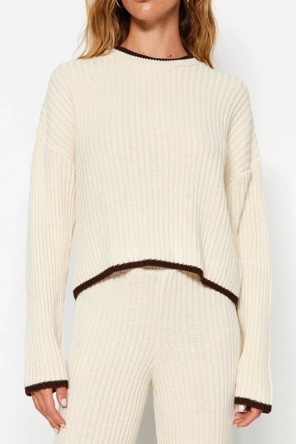 Cream Roving Colour Block Knitwear Co-Ord Set, Rock, large image number 3