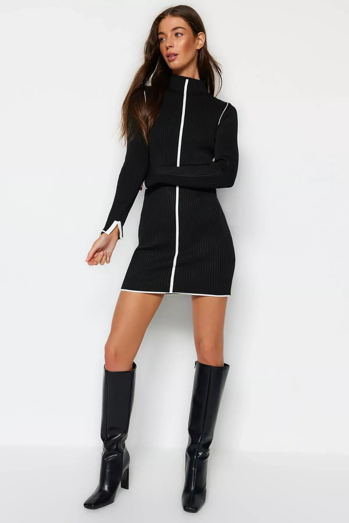 Black Mini Knitwear Fitted Dress, BLACK, large image number 0