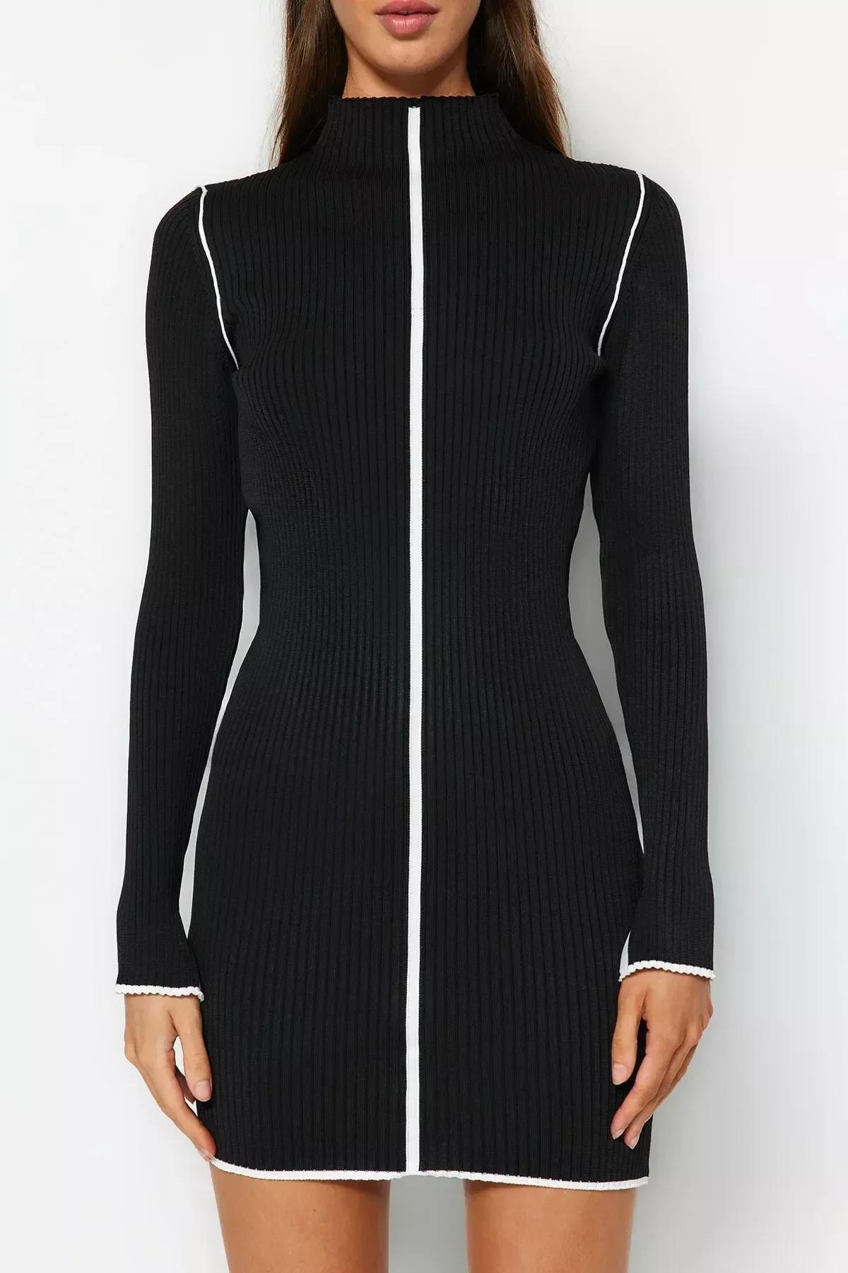 Black Mini Knitwear Fitted Dress, BLACK, large image number 3