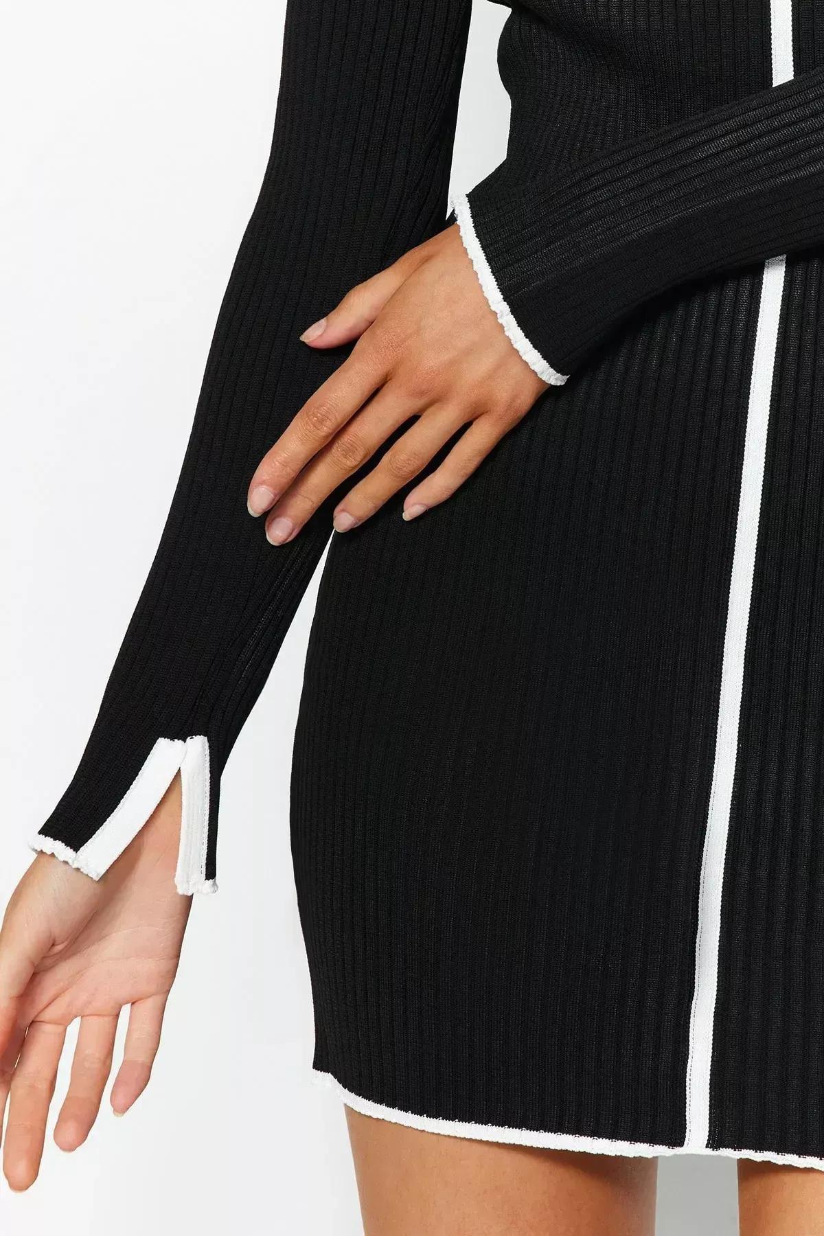 Black Mini Knitwear Fitted Dress, BLACK, large image number 4