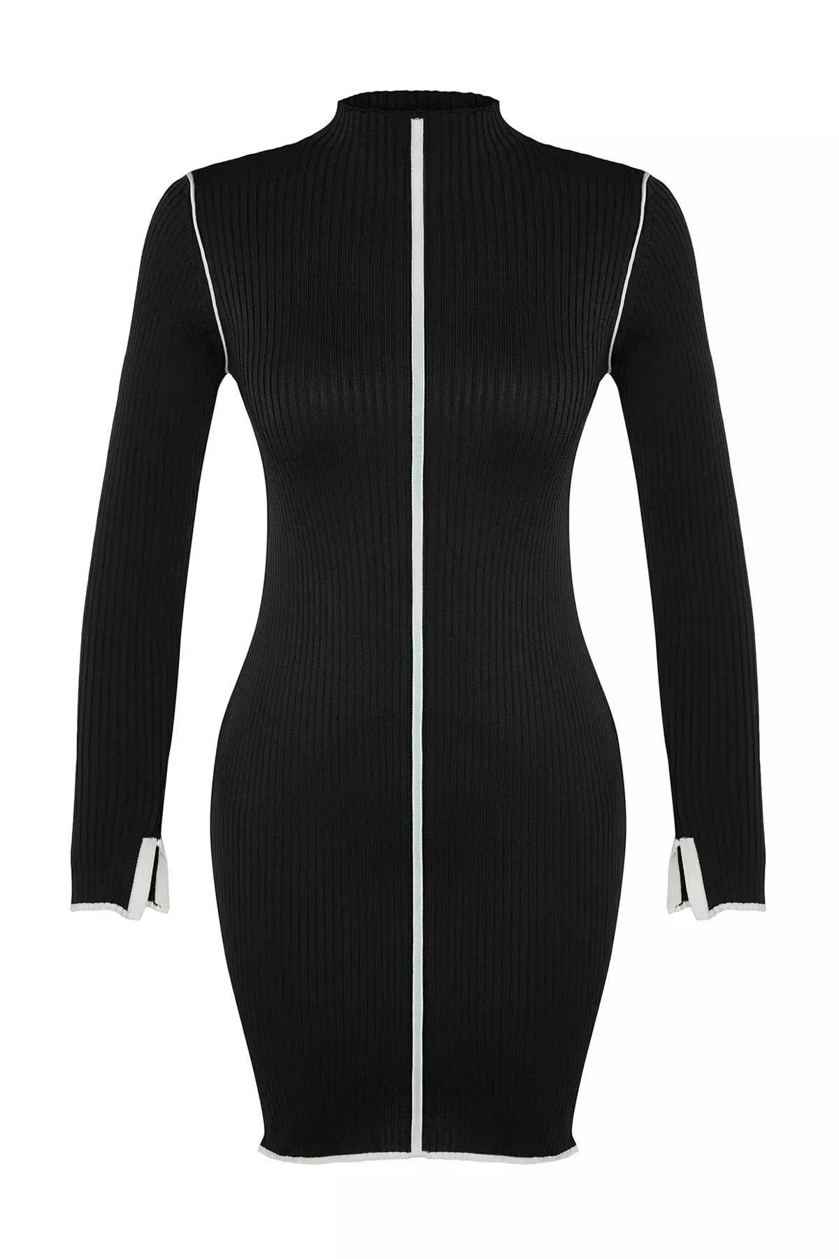 Black Mini Knitwear Fitted Dress, BLACK, large image number 5