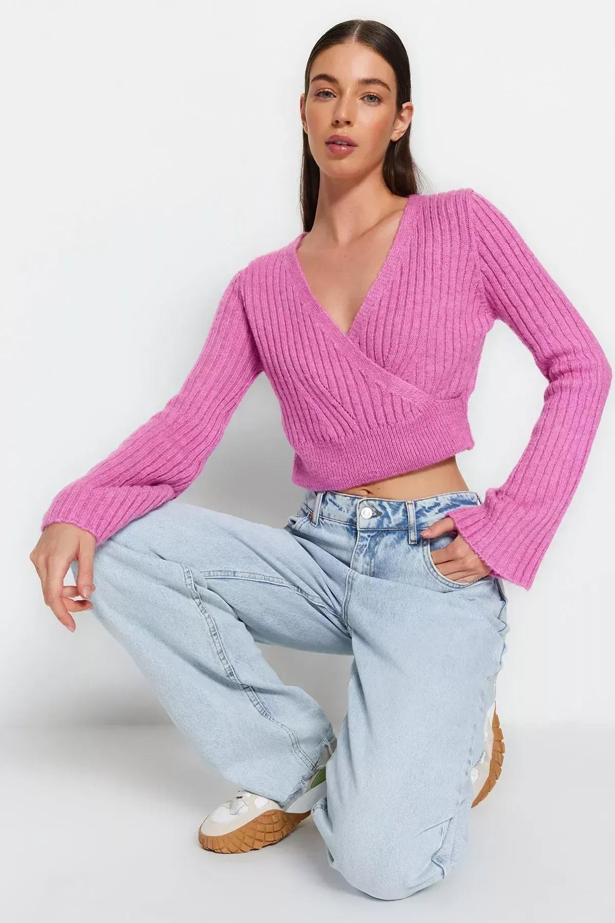 Pink Crop Soft Textured Double-Breasted Sweater, Pink, large image number 2