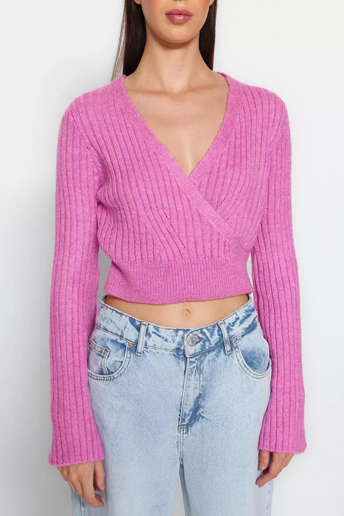 Pink Crop Soft Textured Double-Breasted Sweater, Pink, large image number 3