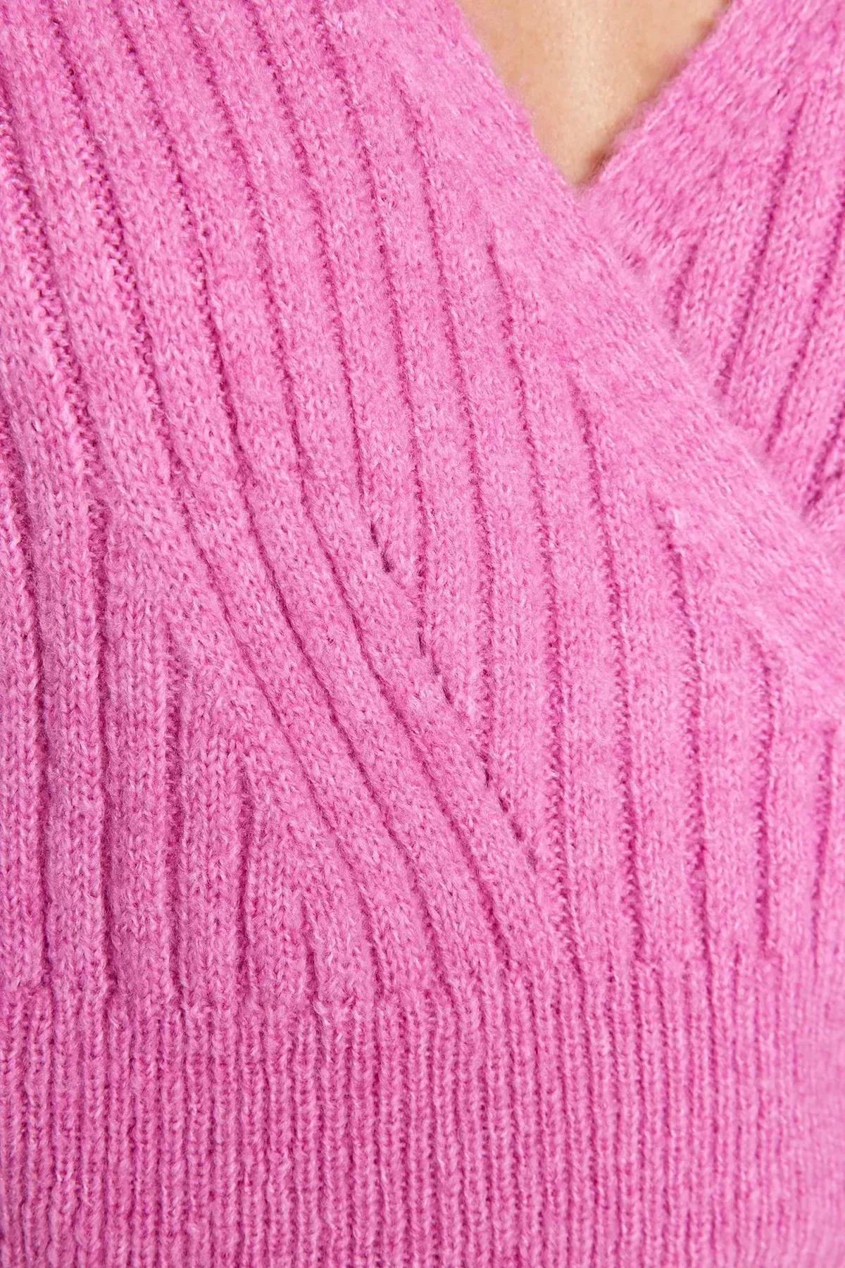 Pink Crop Soft Textured Double-Breasted Sweater, Pink, large image number 4