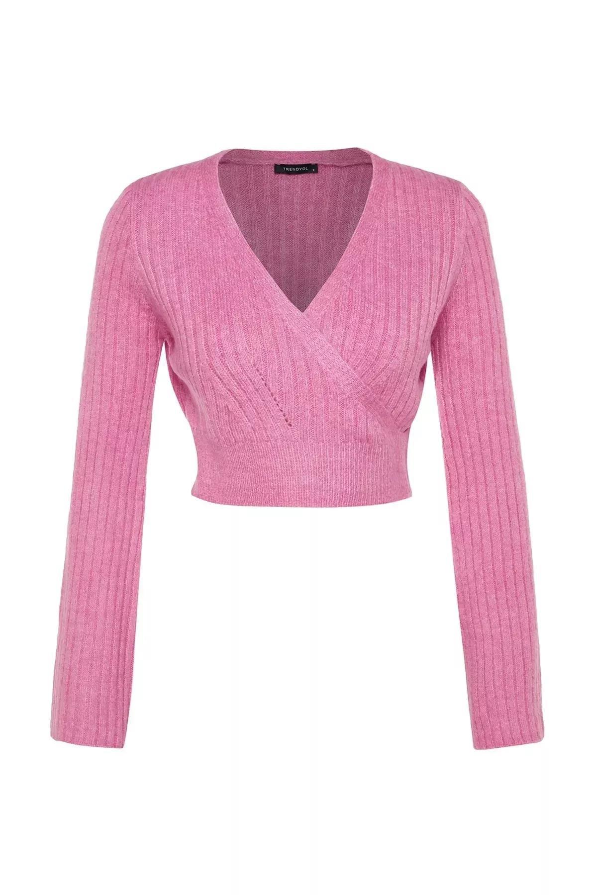 Pink Crop Soft Textured Double-Breasted Sweater, Pink, large image number 5