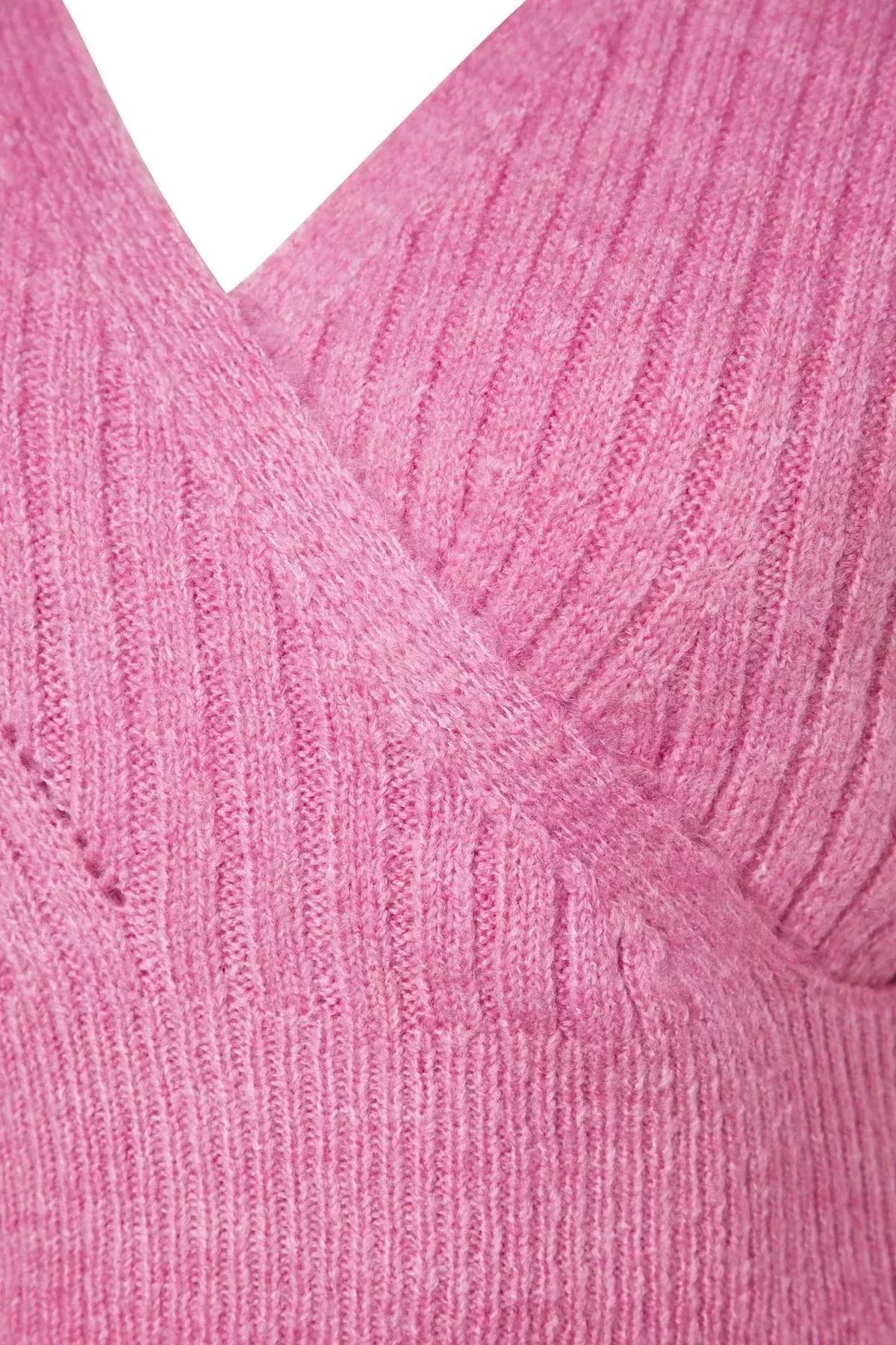 Pink Crop Soft Textured Double-Breasted Sweater, Pink, large image number 6