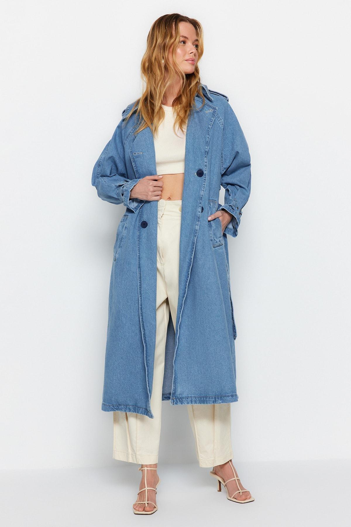 Blue Basic Trench Coat, , large image number 1