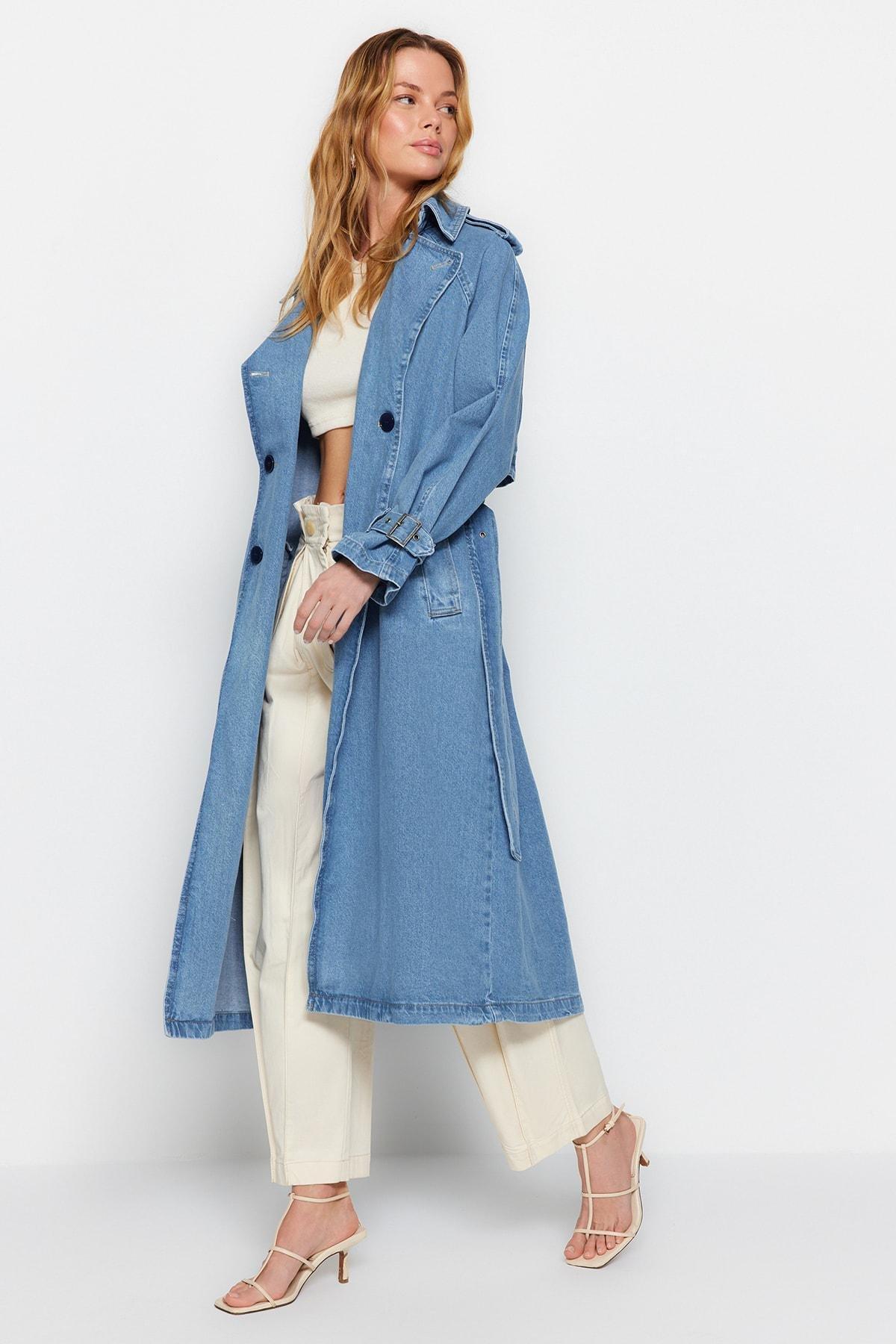 Blue Basic Trench Coat, , large image number 2