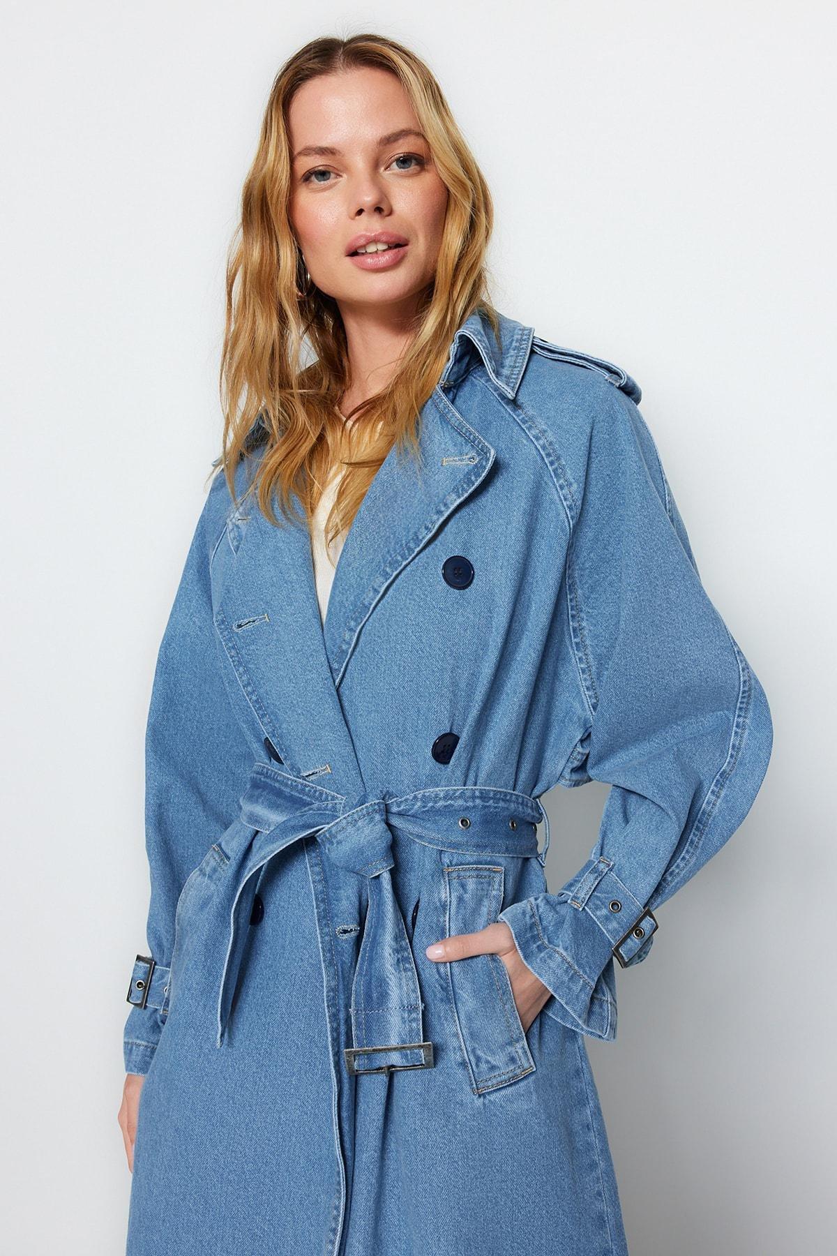 Blue Basic Trench Coat, , large image number 3