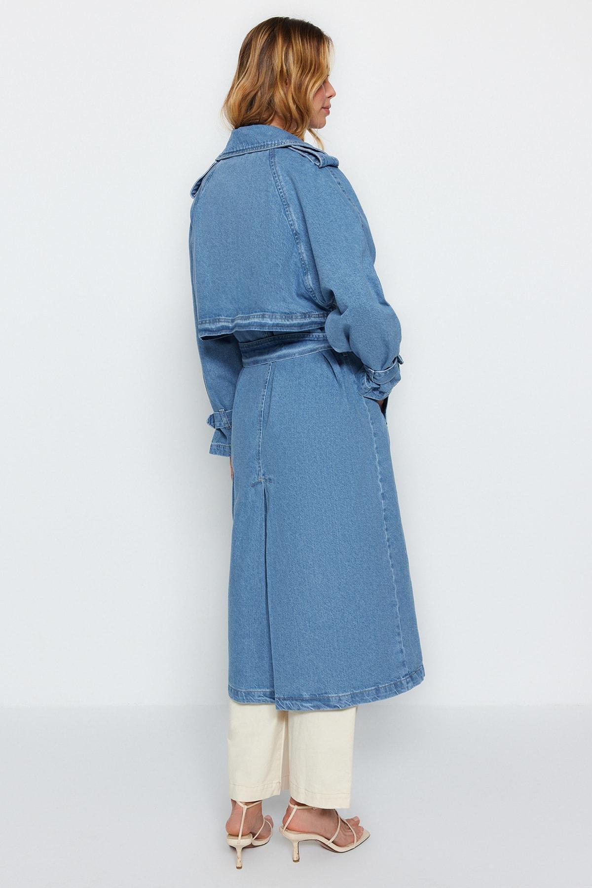 Blue Basic Trench Coat, , large image number 5