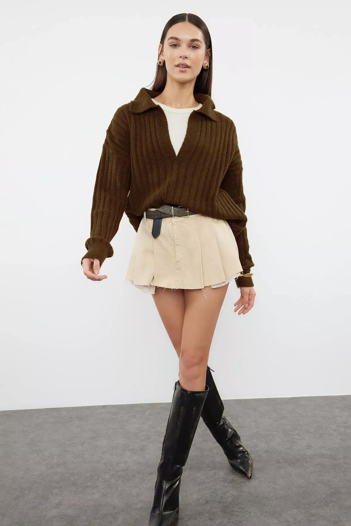 Brown Polo Neck Soft Knit Sweater, , large image number 1