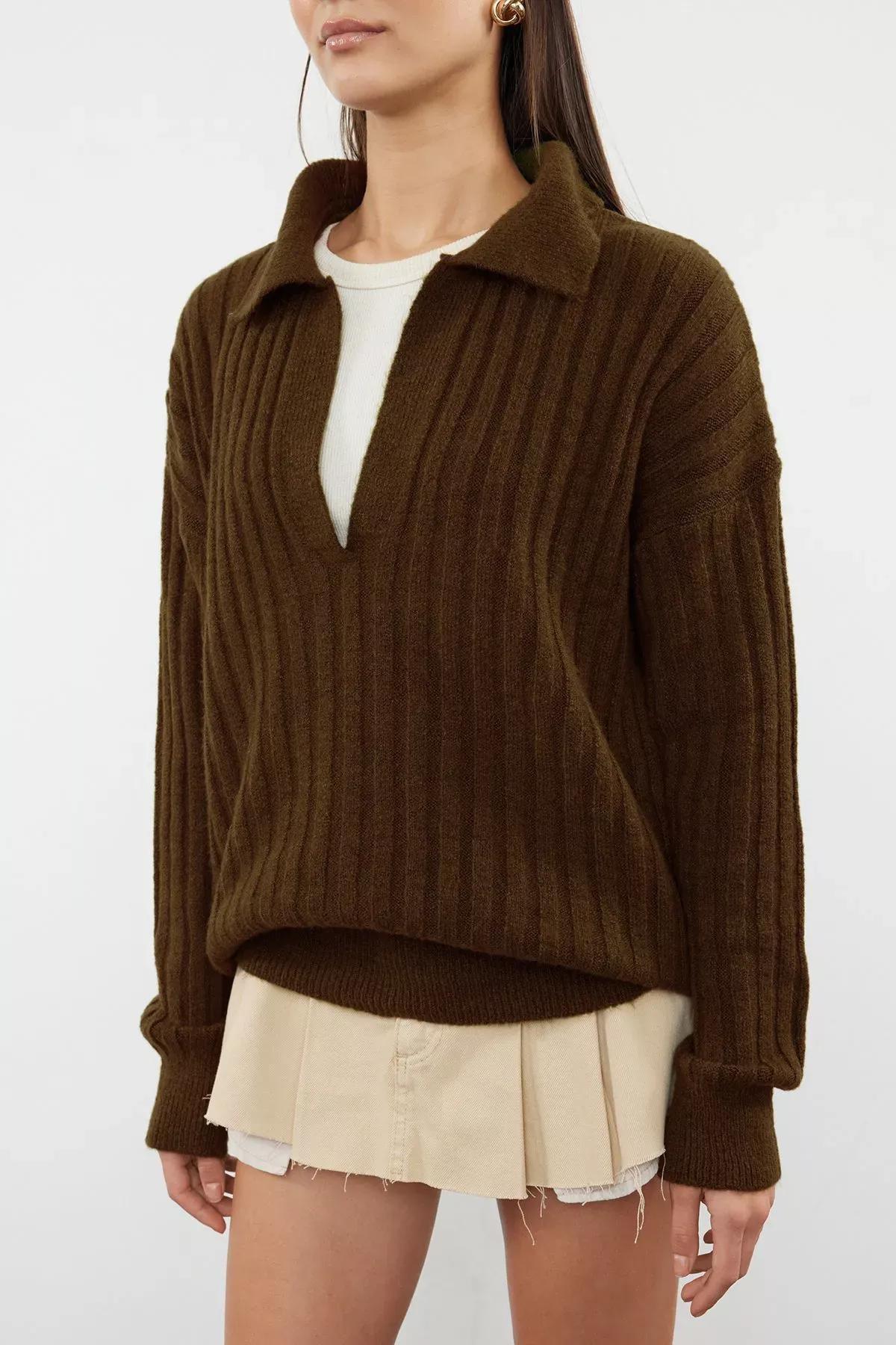 Brown Polo Neck Soft Knit Sweater, , large image number 2