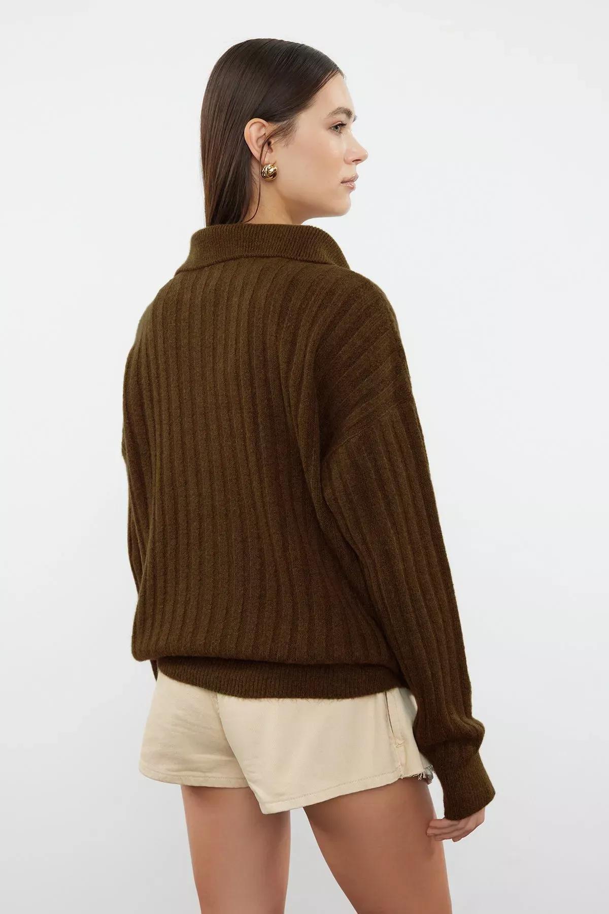 Brown Polo Neck Soft Knit Sweater, , large image number 4