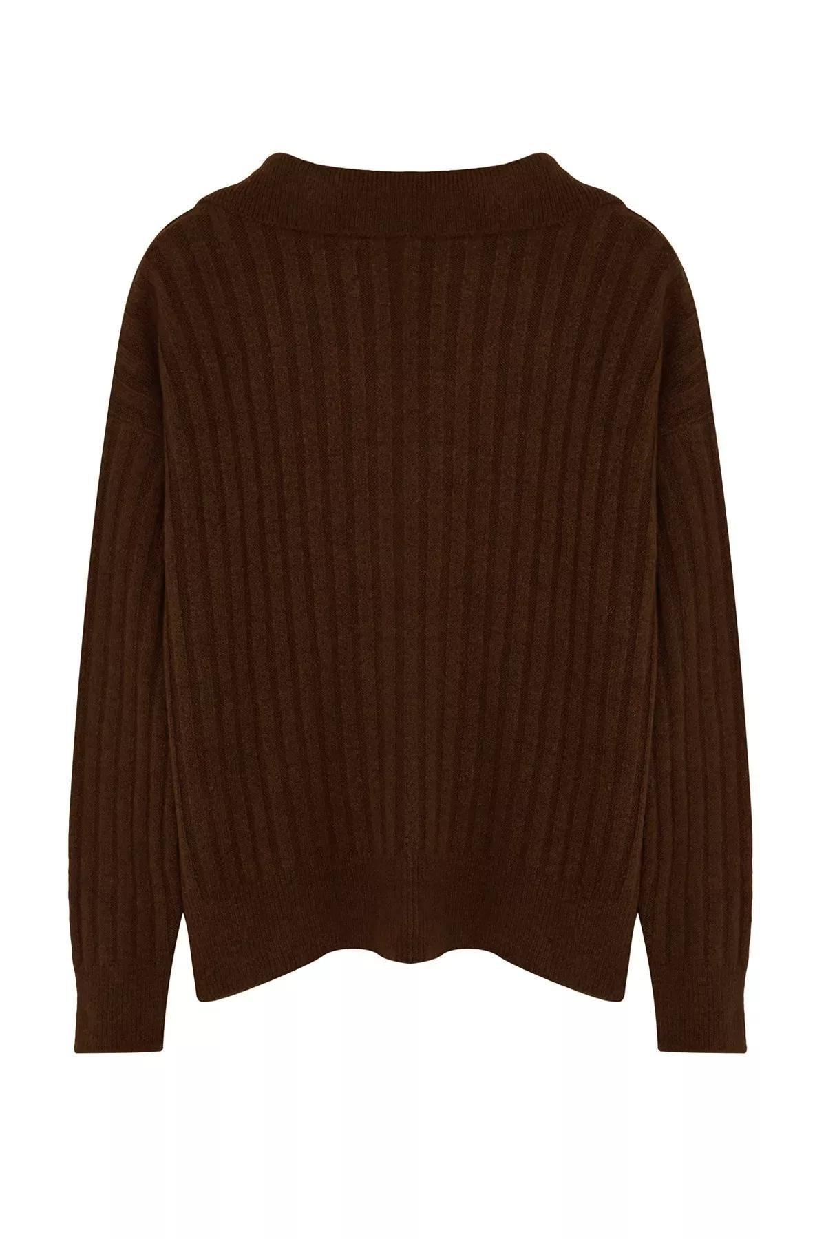 Brown Polo Neck Soft Knit Sweater, , large image number 5
