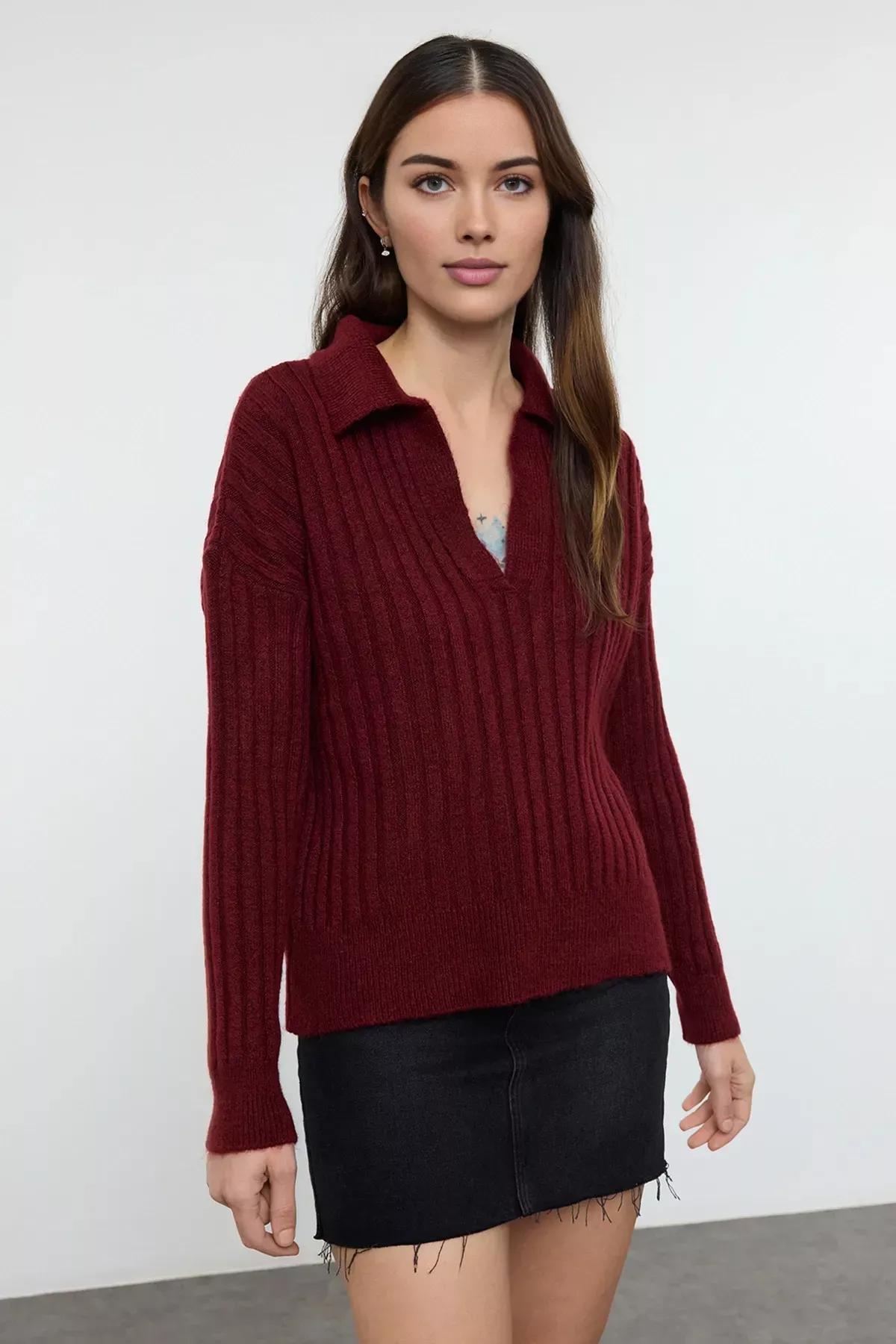 Red Polo Neck Knitwear Sweater, Burgundy, large image number 0