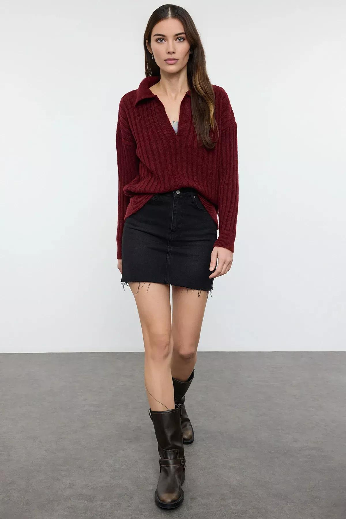 Red Polo Neck Knitwear Sweater, Burgundy, large image number 1