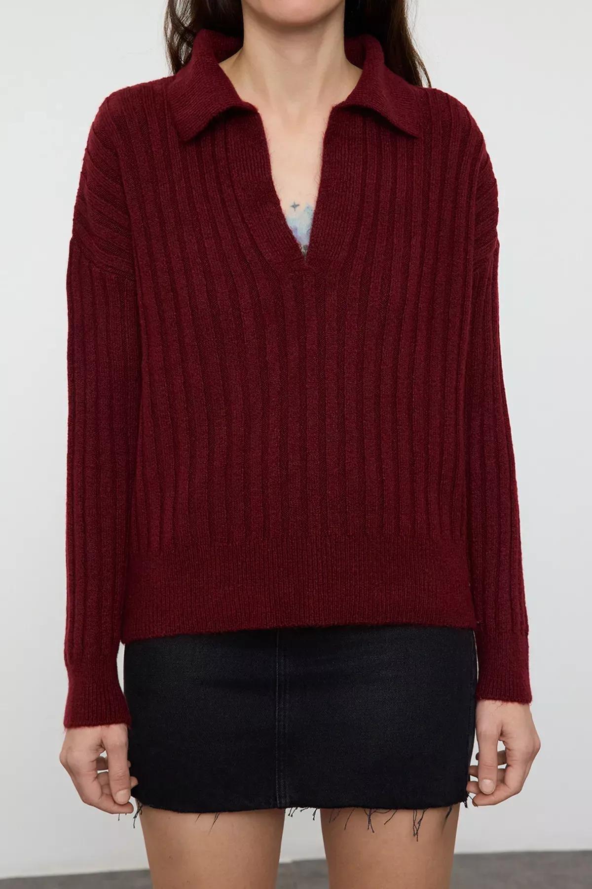 Red Polo Neck Knitwear Sweater, Burgundy, large image number 2