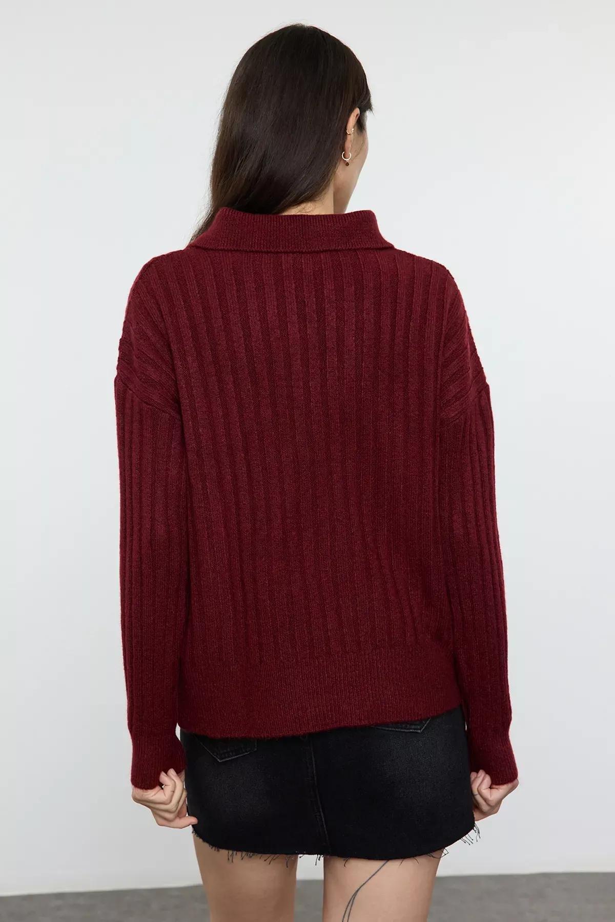 Red Polo Neck Knitwear Sweater, Burgundy, large image number 4