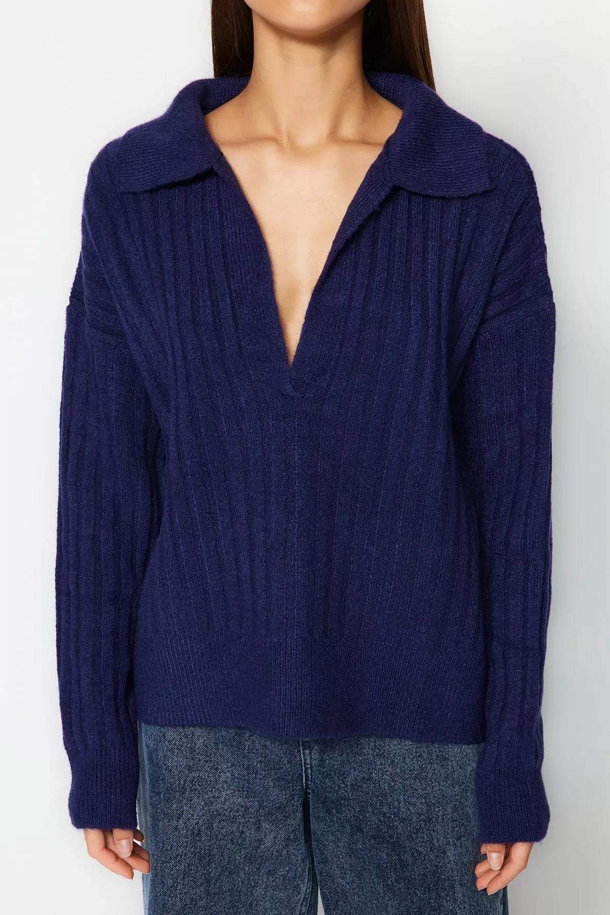 Navy Polo Neck Sweater, Navy blue, large image number 4