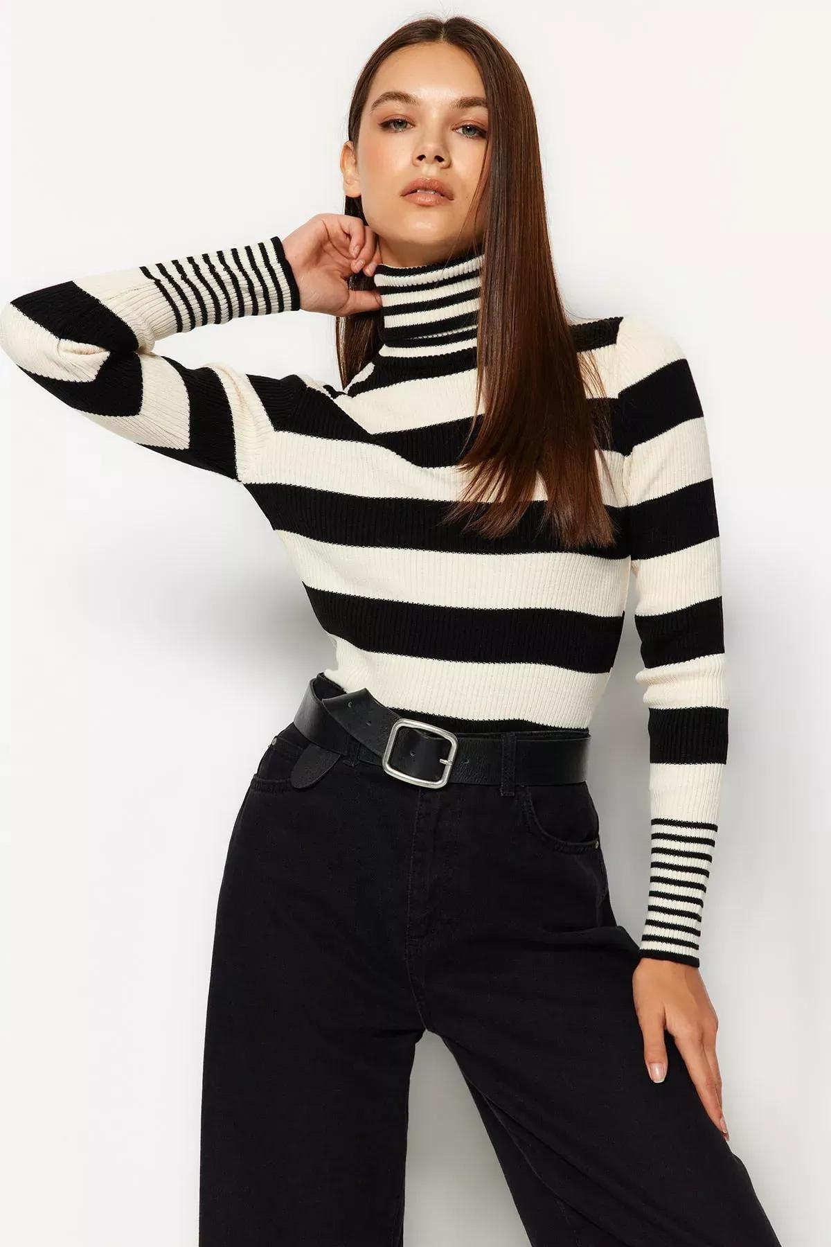 Black Striped Sweater, BLACK, medium