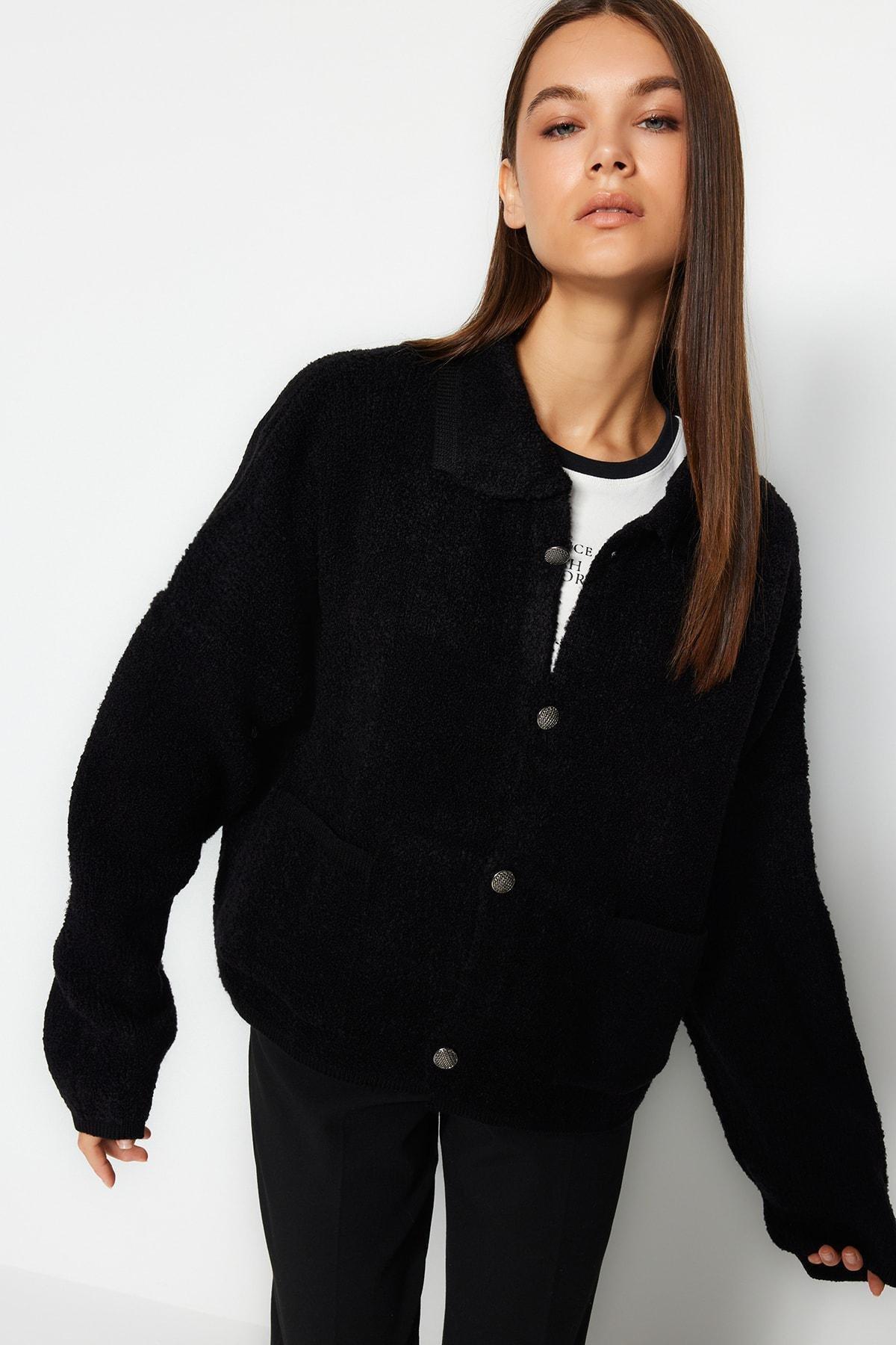 Black Polo Neck Oversize Cardigan, , large image number 0