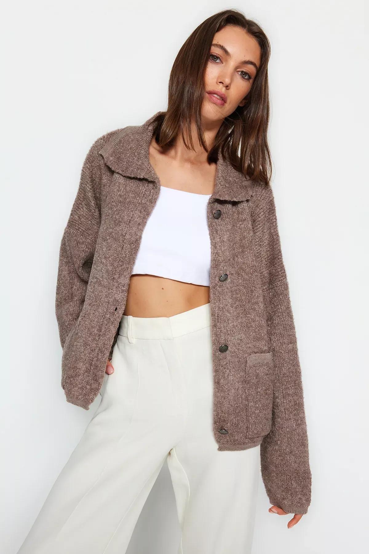 Brown Wide Fit Polo Neck Boucle Cardigan, Mink, medium