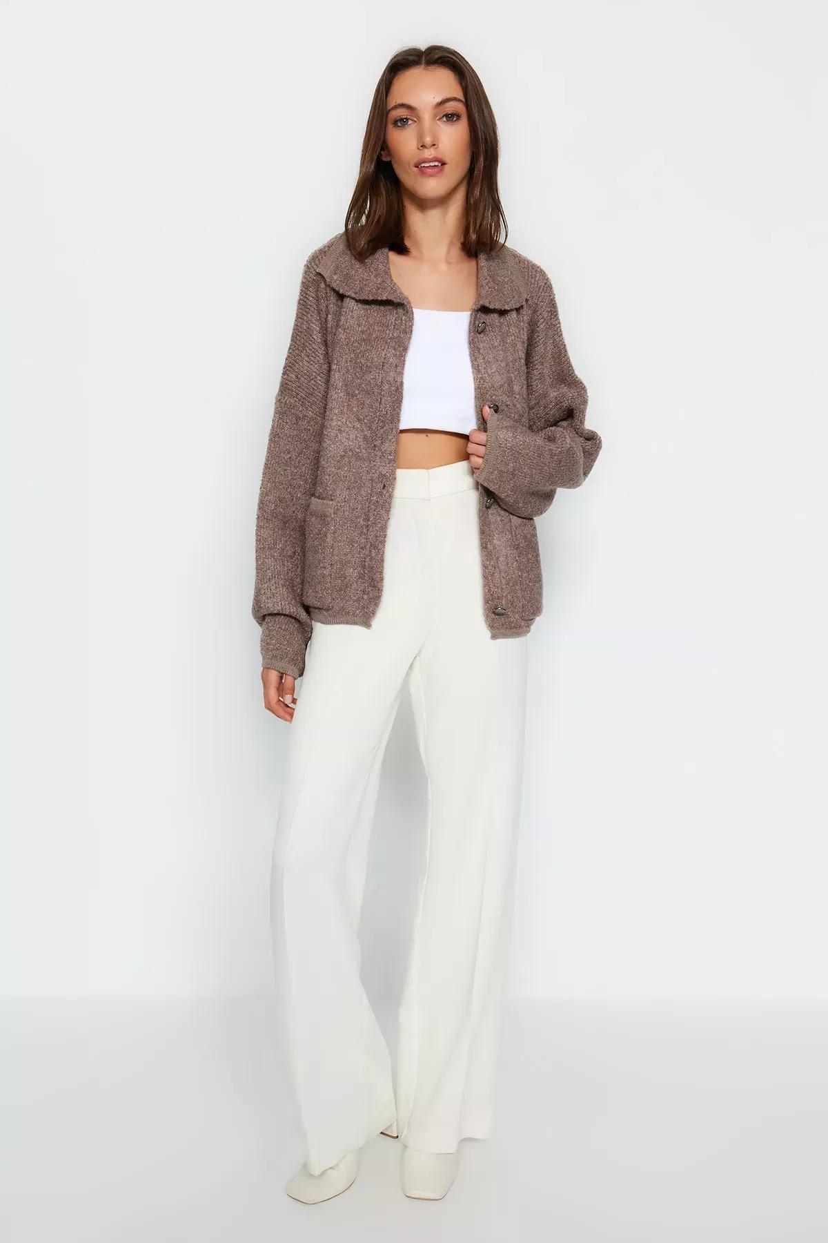 Brown Wide Fit Polo Neck Boucle Cardigan, Mink, large image number 1