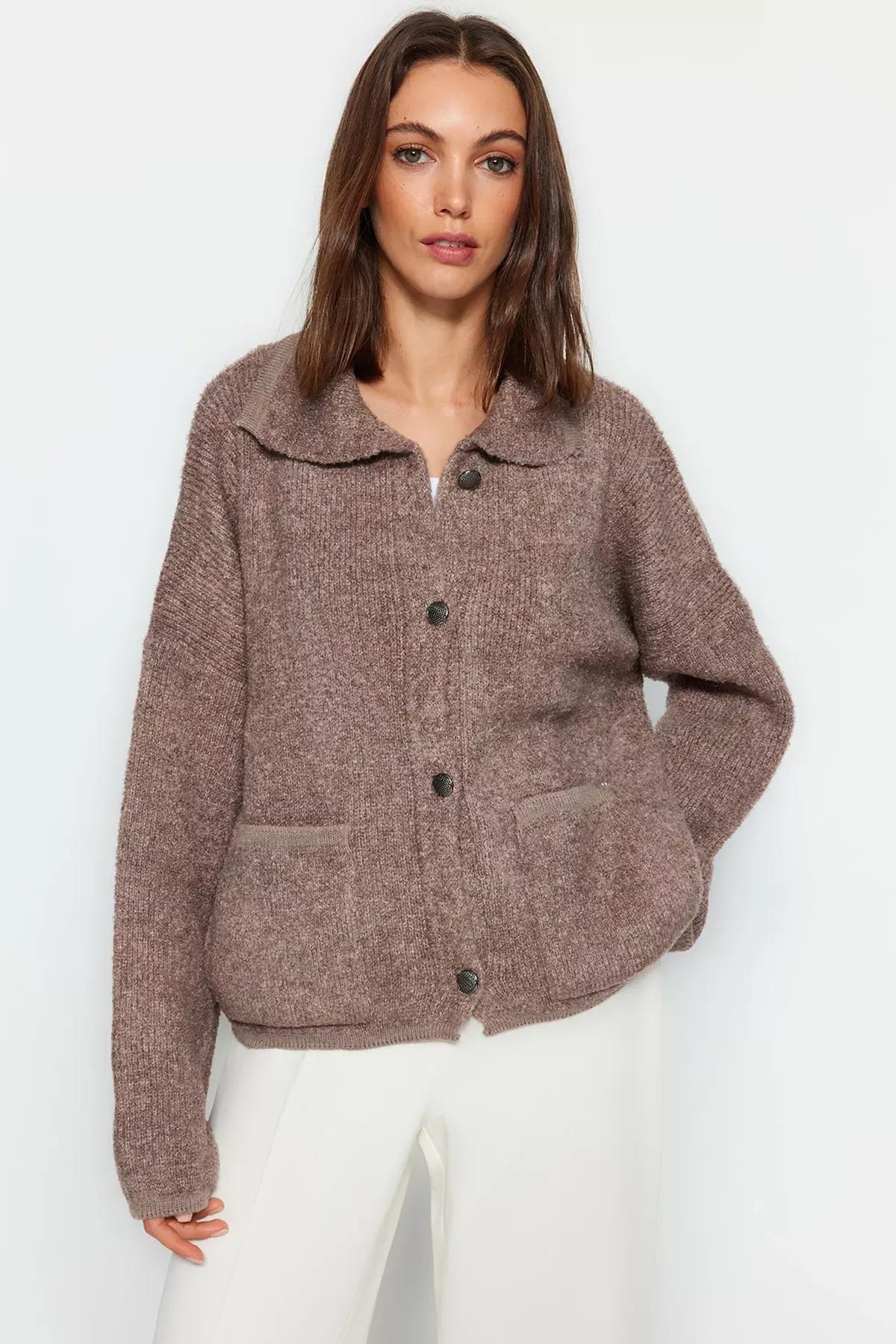 Brown Wide Fit Polo Neck Boucle Cardigan, Mink, large image number 2
