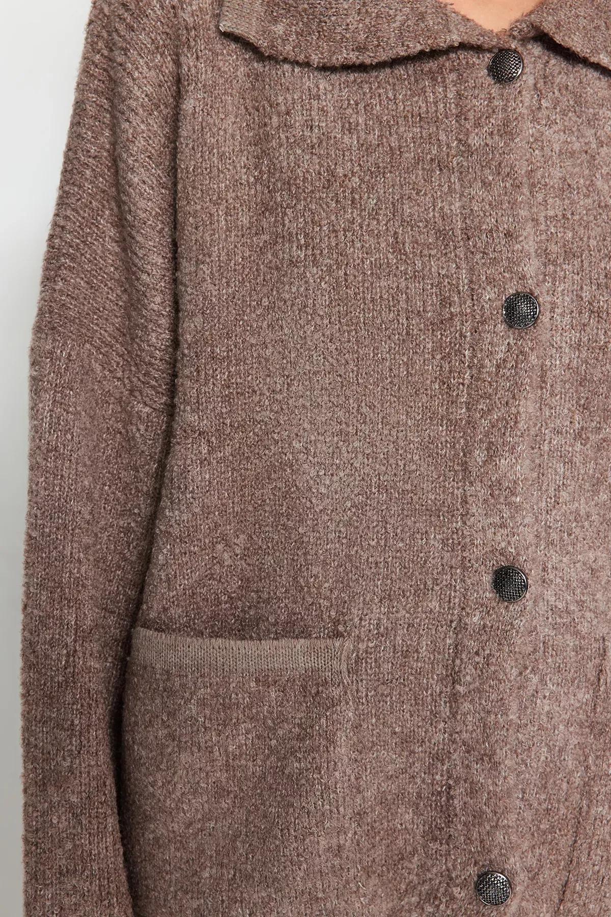 Brown Wide Fit Polo Neck Boucle Cardigan, Mink, large image number 3